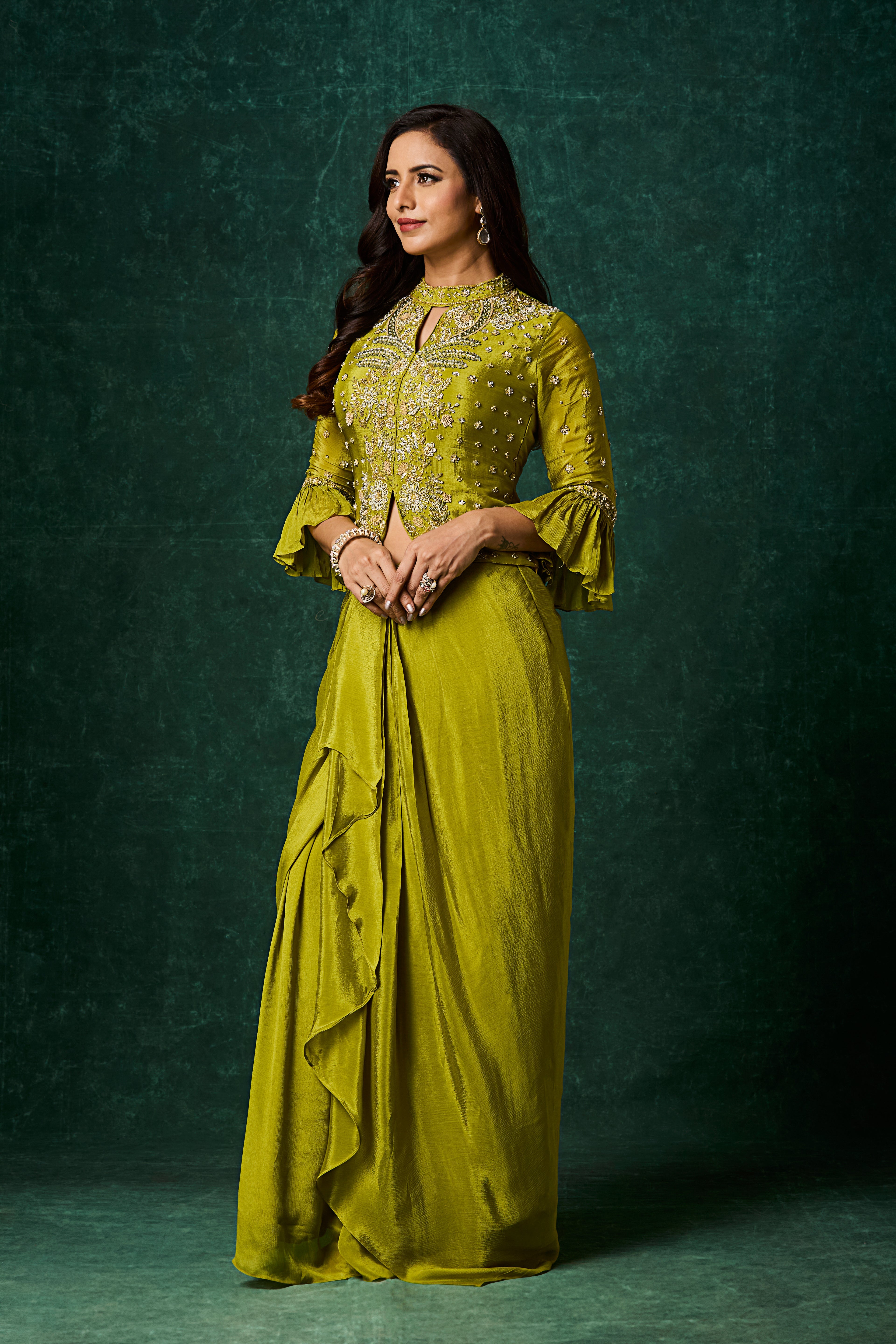 Zesty Lime Embellished Chinon Silk Skirt Set