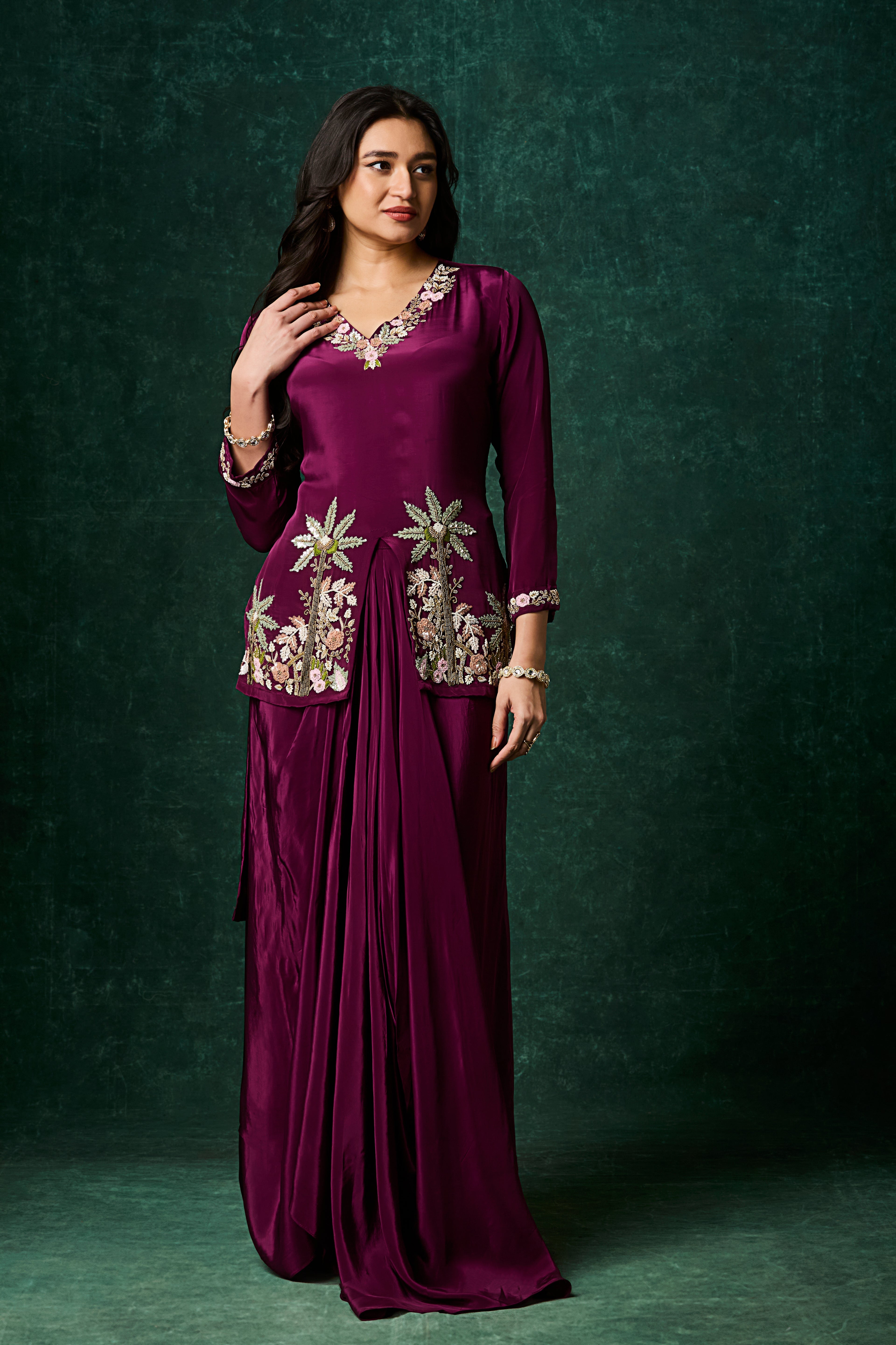 Wine Purple Embellished Crepe Silk Skirt Set