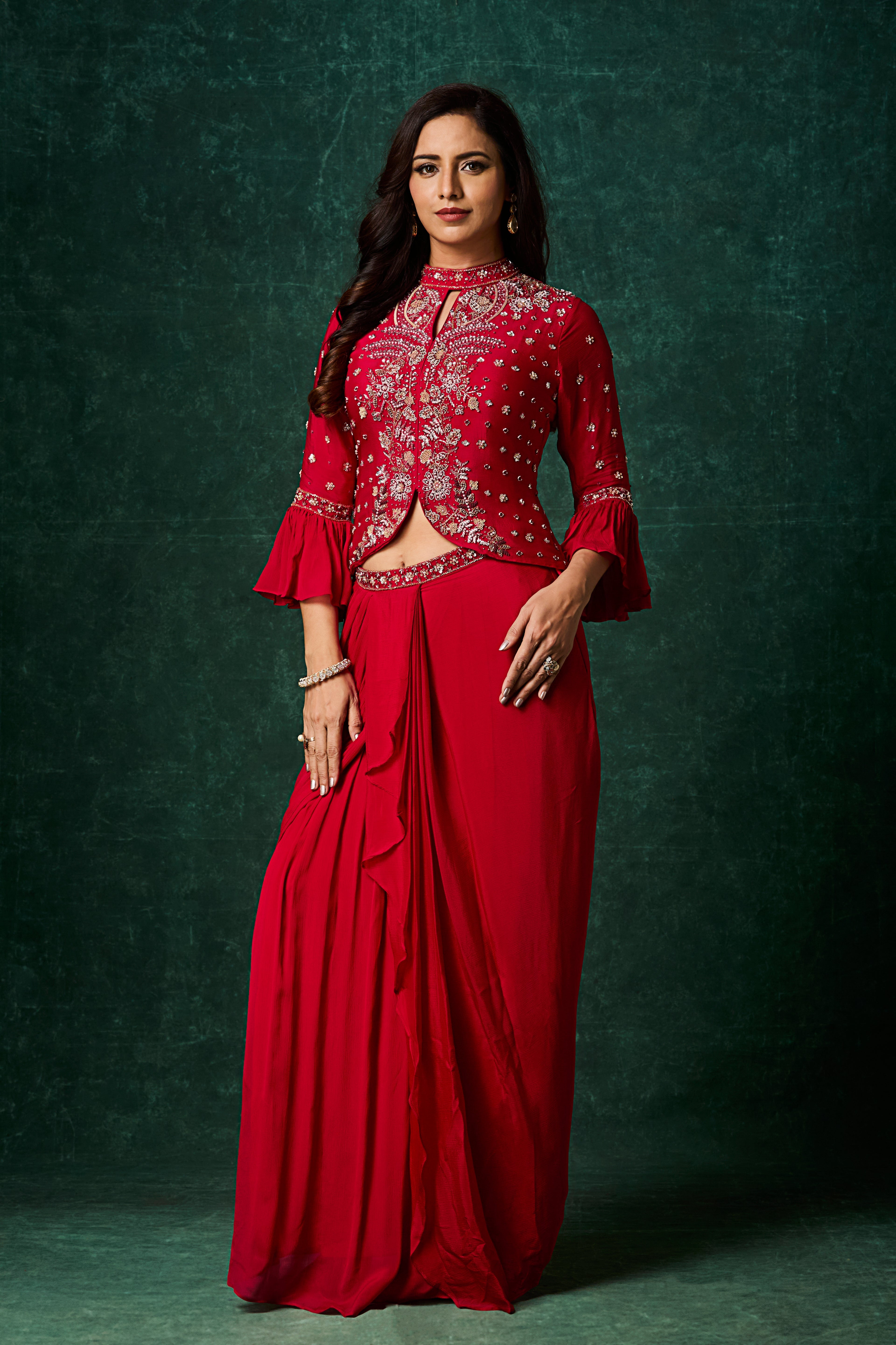 Rich Red Embellished Chinon Silk Skirt Set