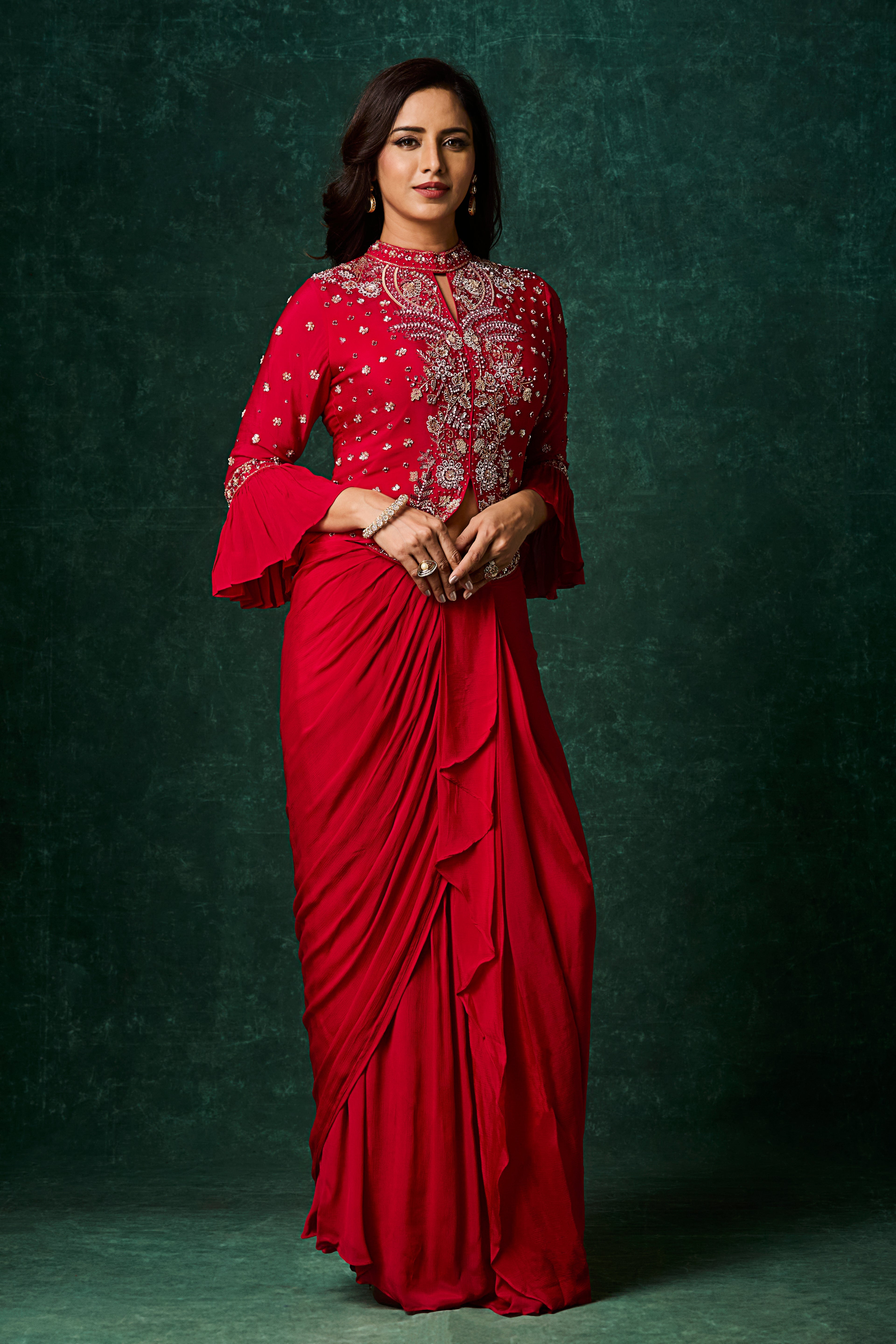 Rich Red Embellished Chinon Silk Skirt Set