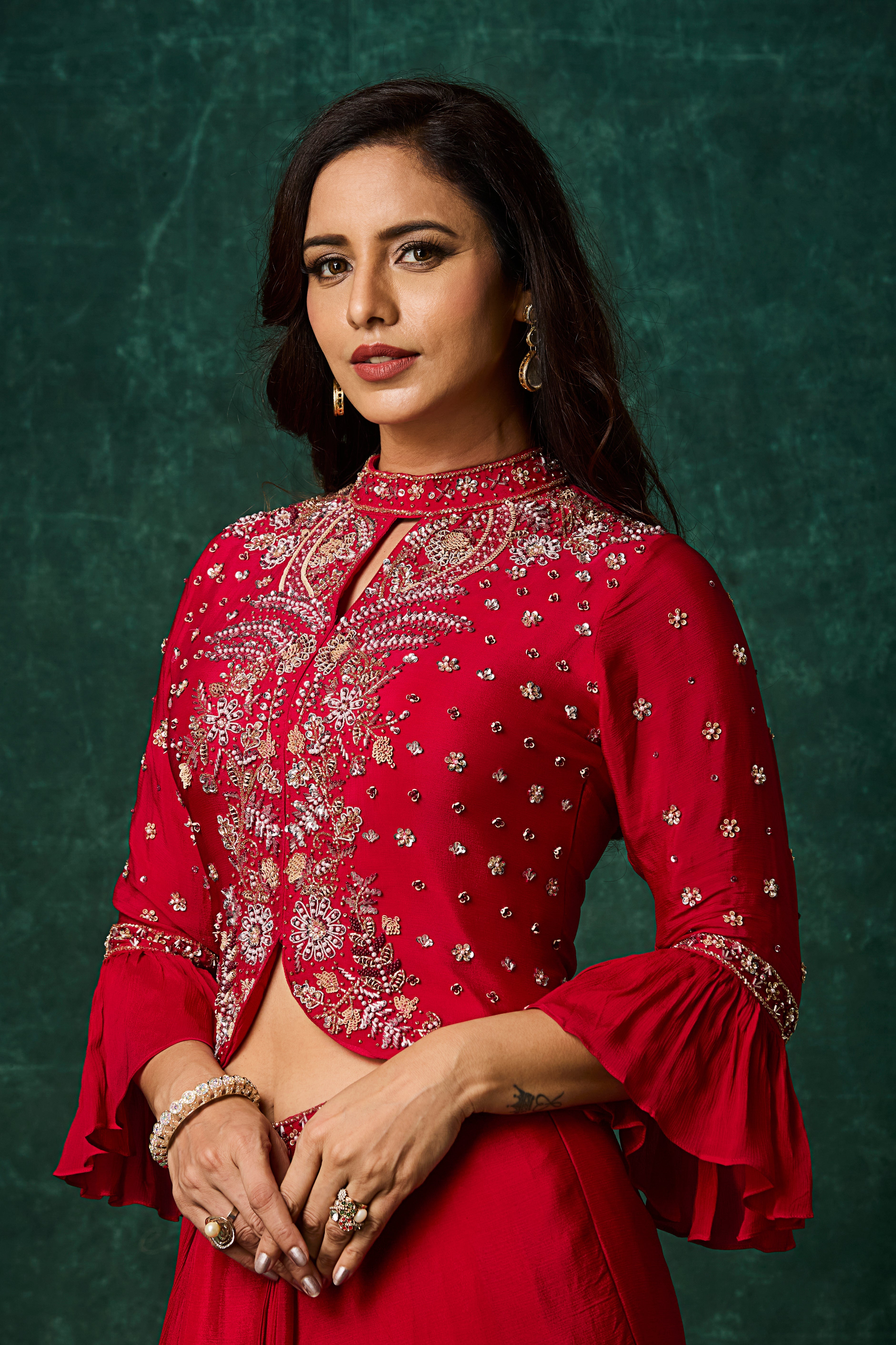 Rich Red Embellished Chinon Silk Skirt Set