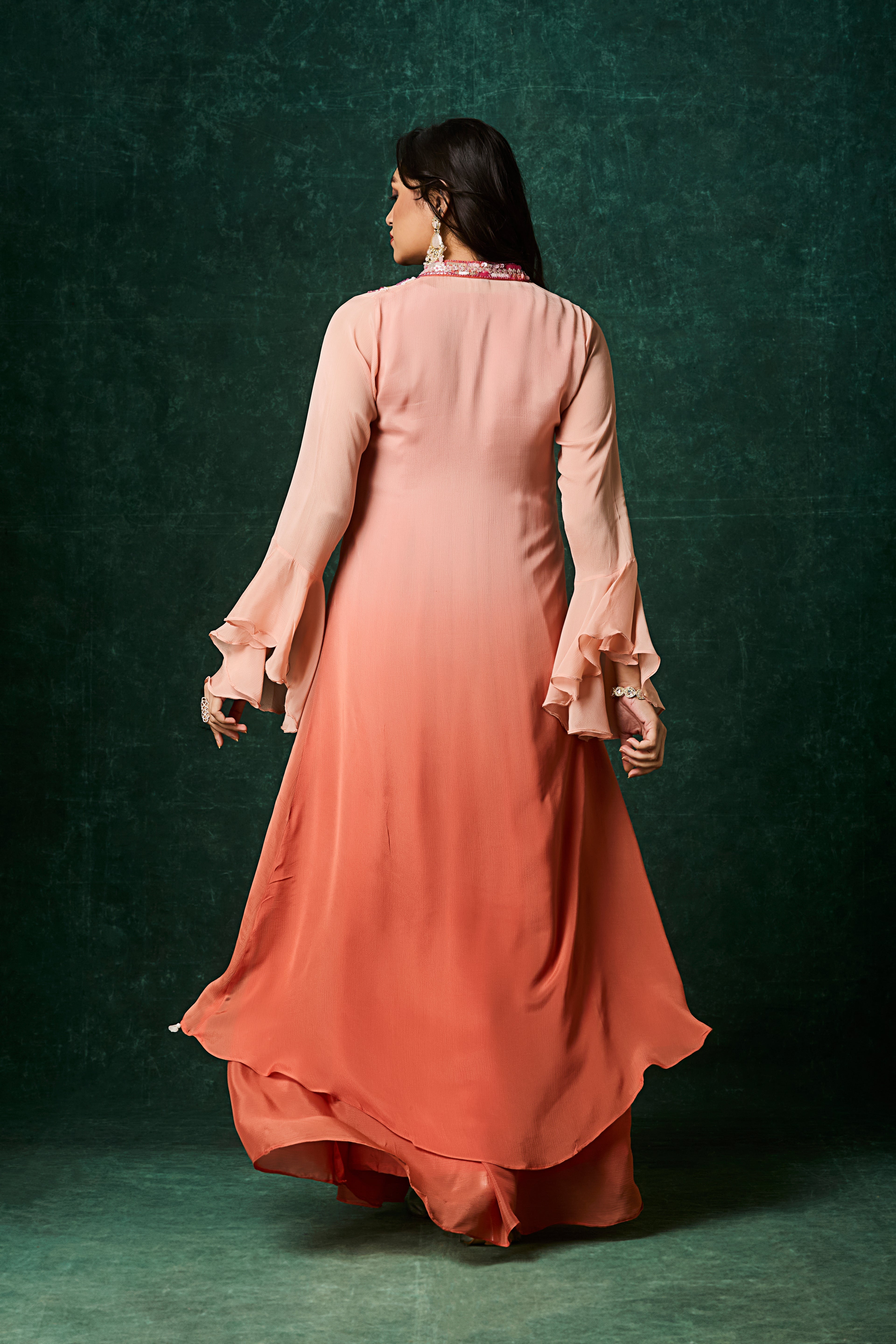 Dusty Orange Ombre Embellished Chinon Silk Gown
