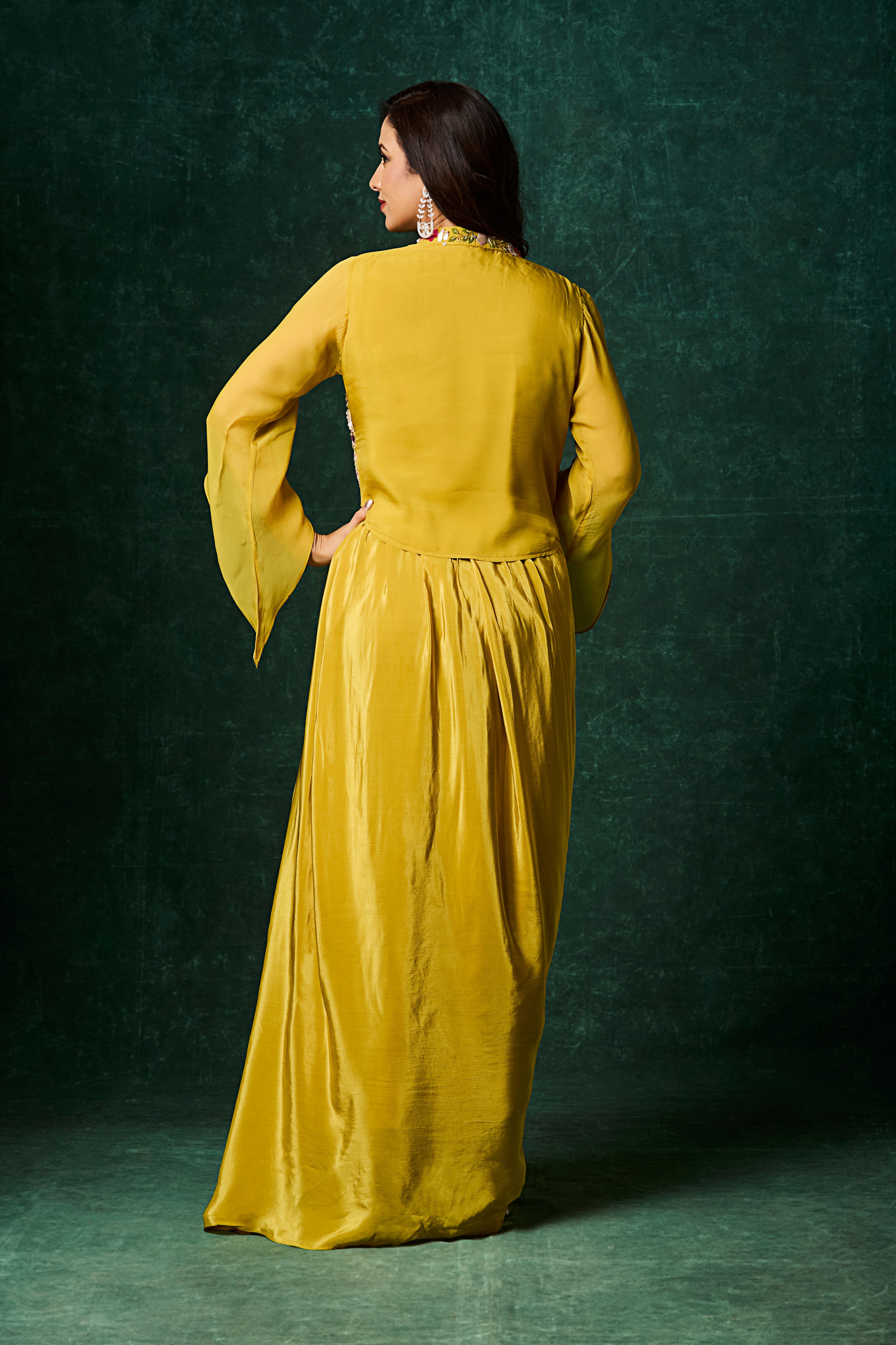 Mustard Yellow Embellished Crepe Silk Skirt Set