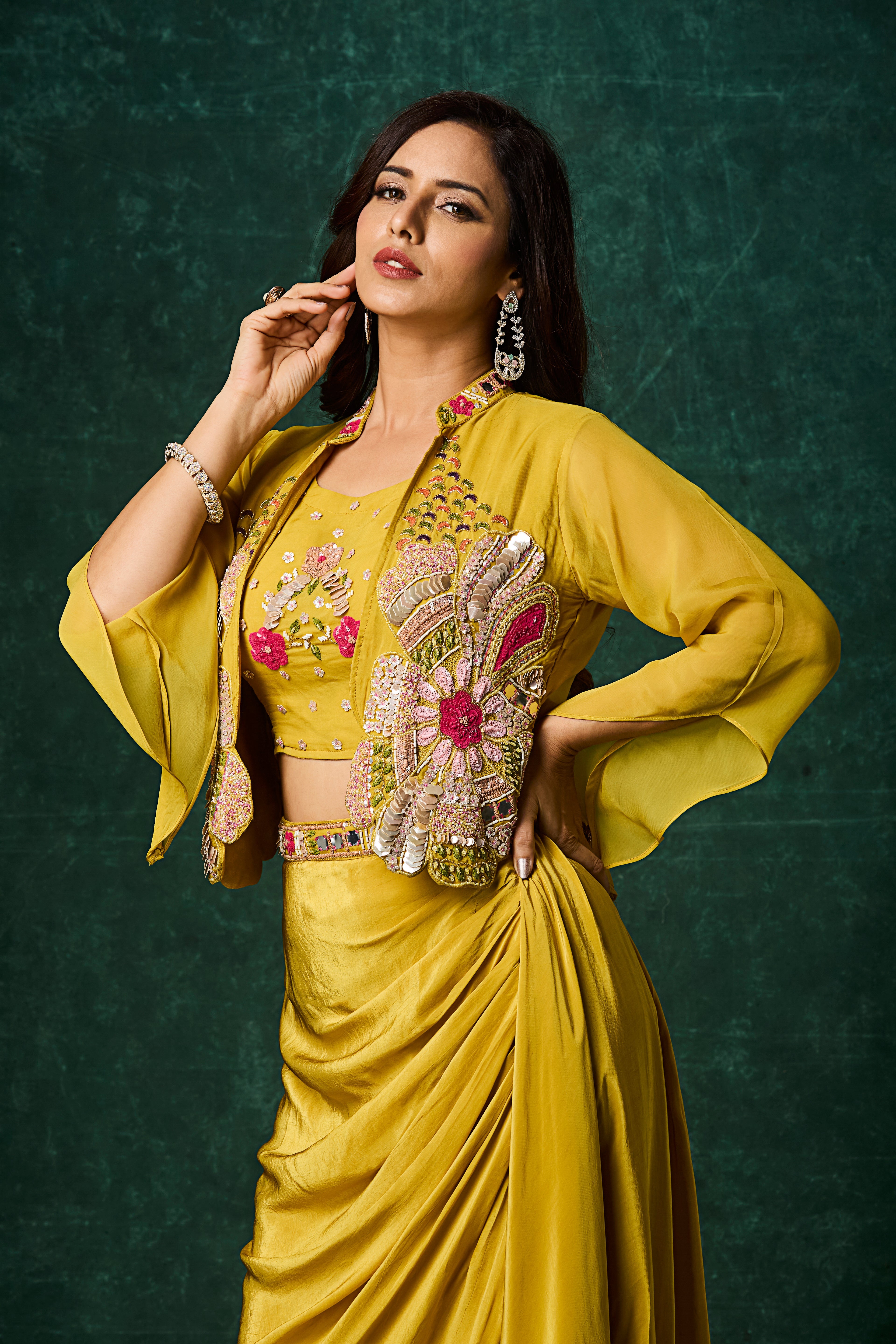 Mustard Yellow Embellished Crepe Silk Skirt Set