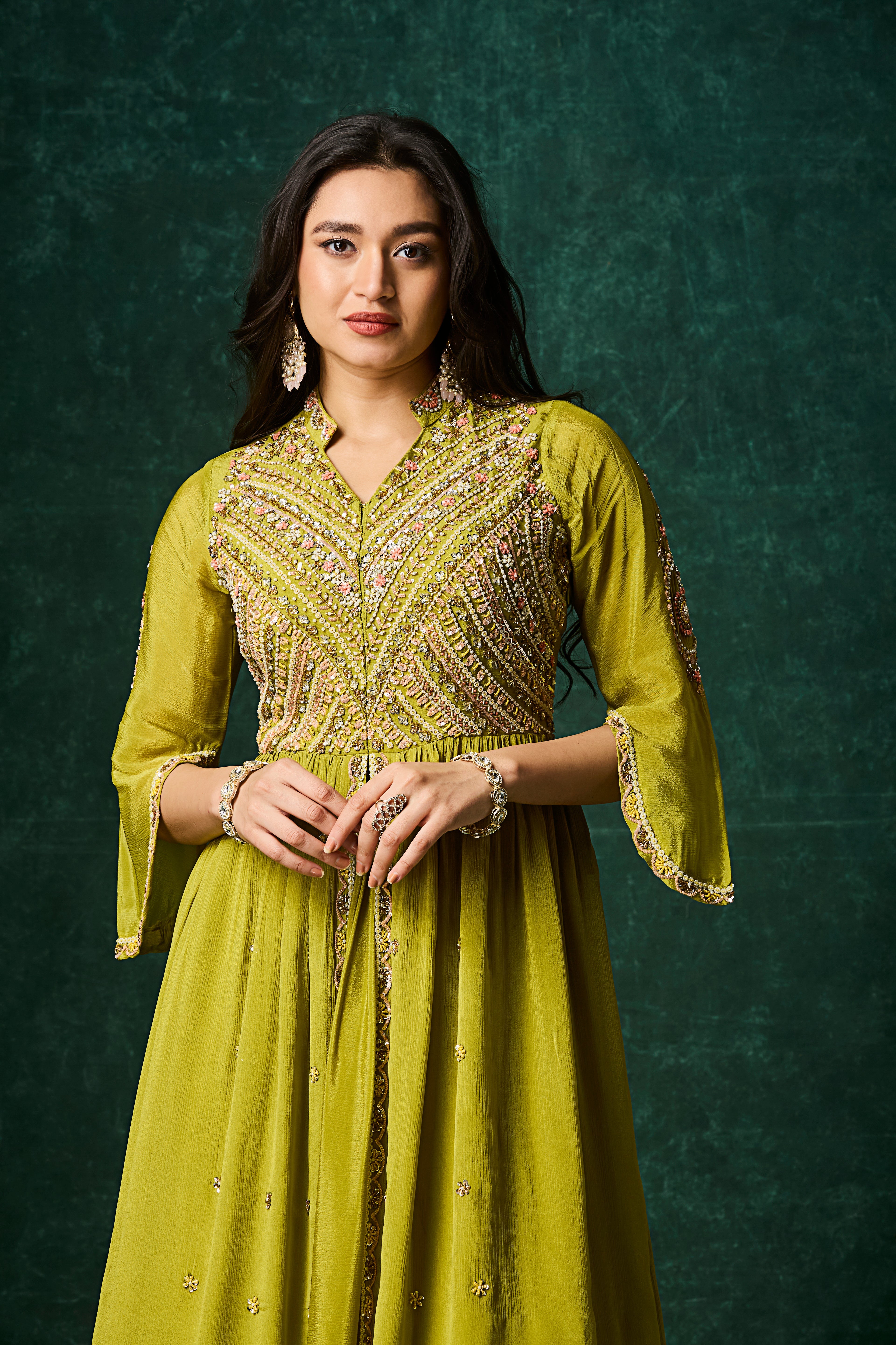 Pear Green Embellished Chinon Silk Skirt Set