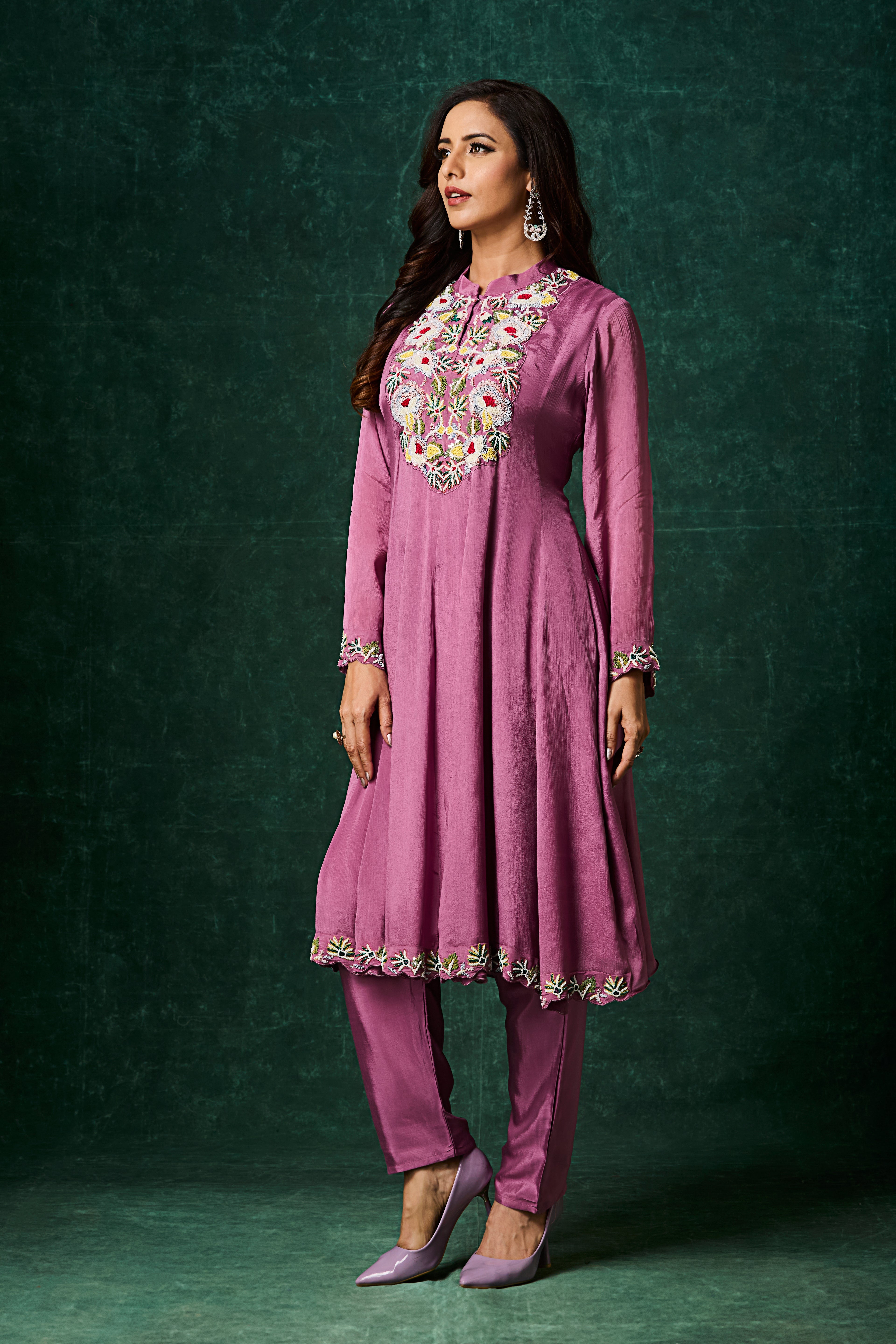 Purple Embellished Chinon Silk Anarkali Set