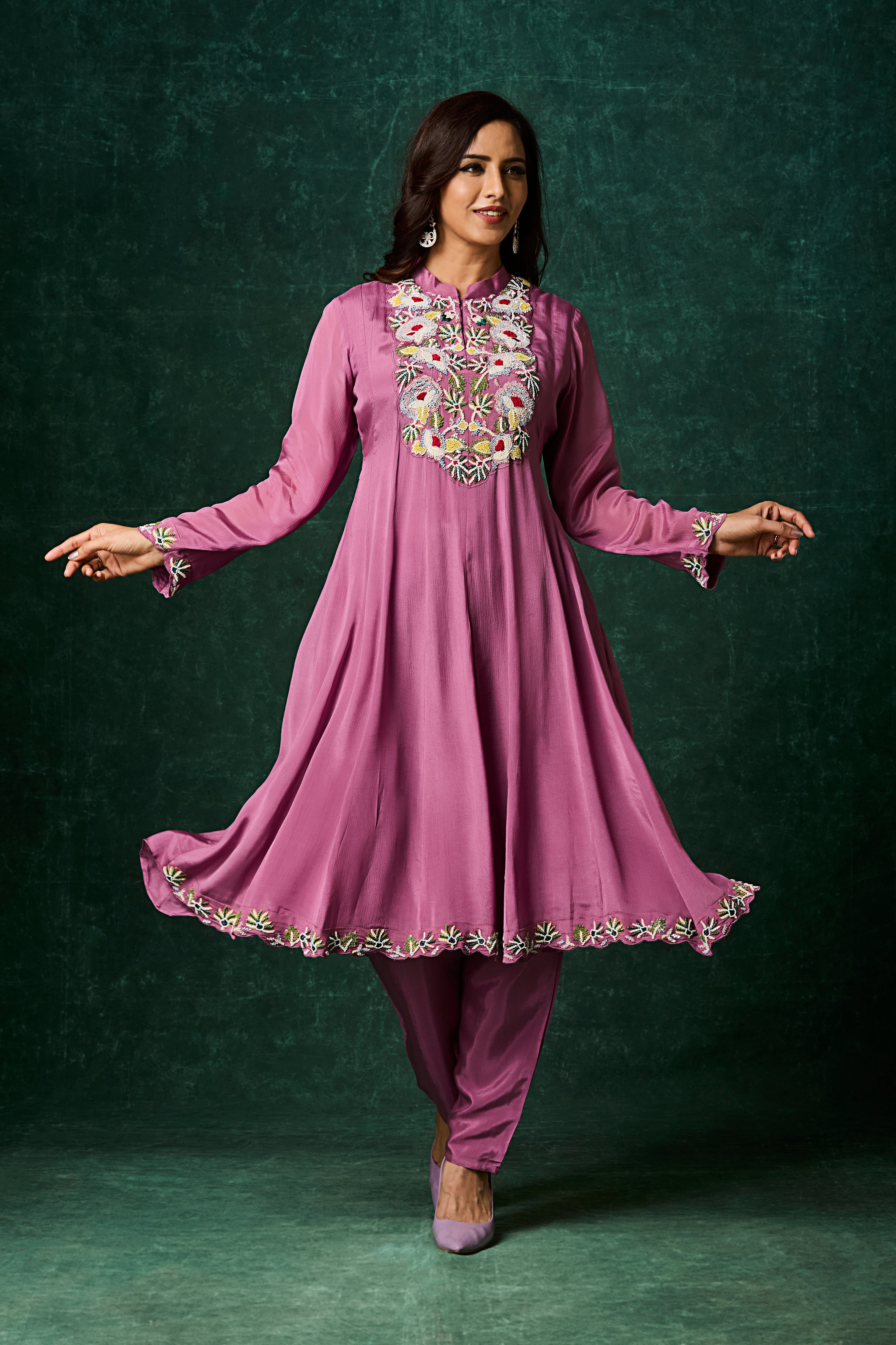 Purple Embellished Chinon Silk Anarkali Set