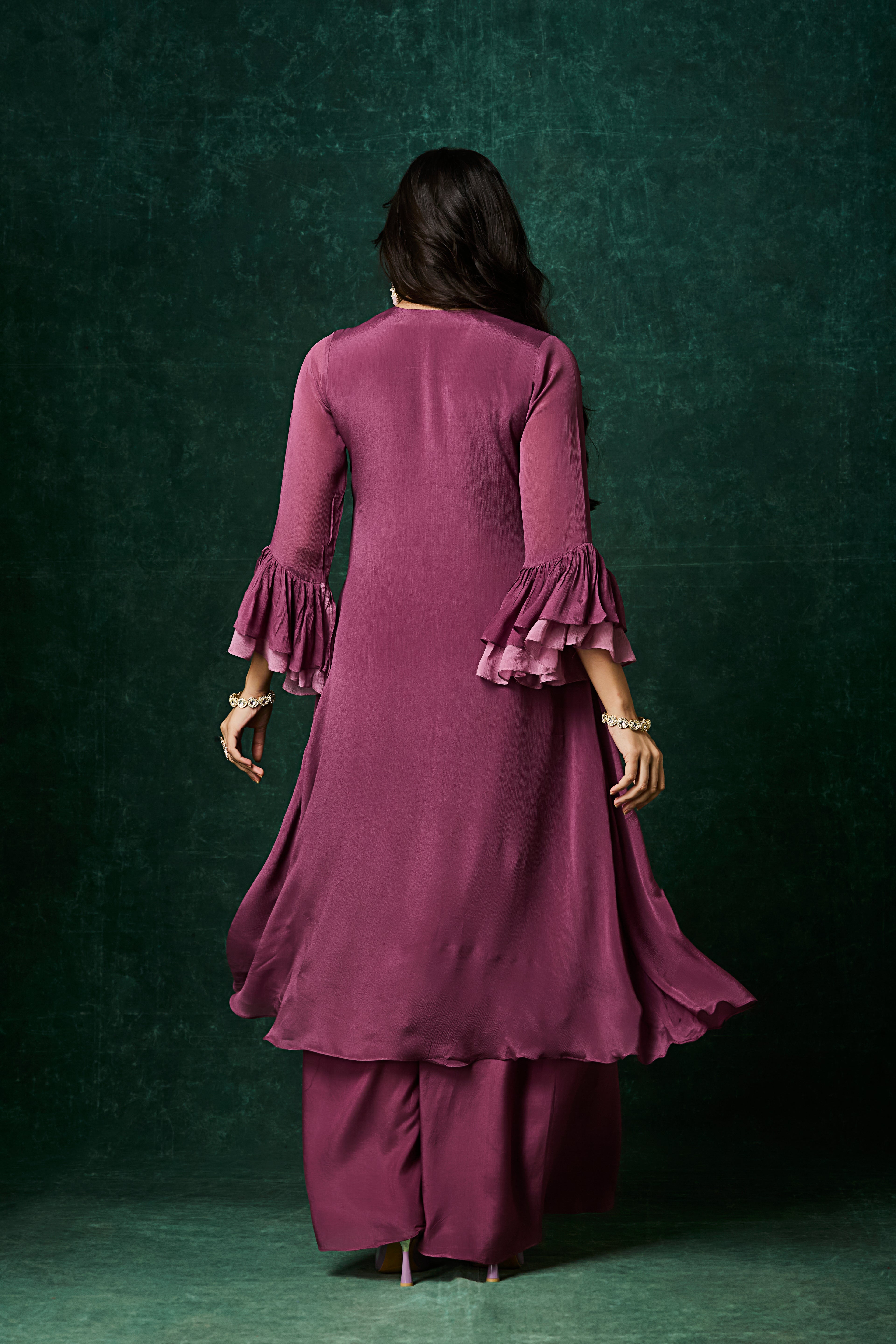 Mulberry Purple Embellished Chinon Silk Palazzo Set