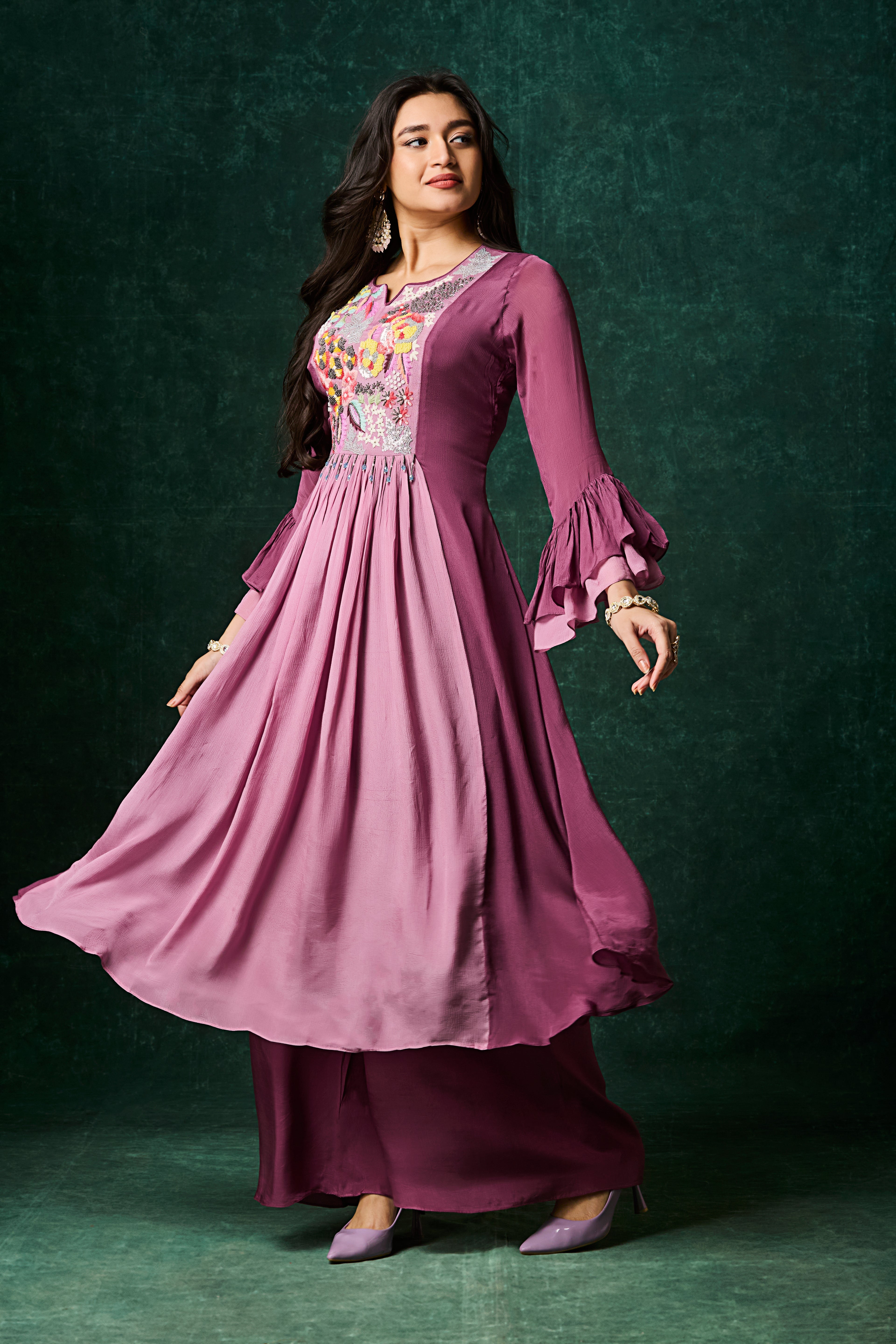 Mulberry Purple Embellished Chinon Silk Palazzo Set