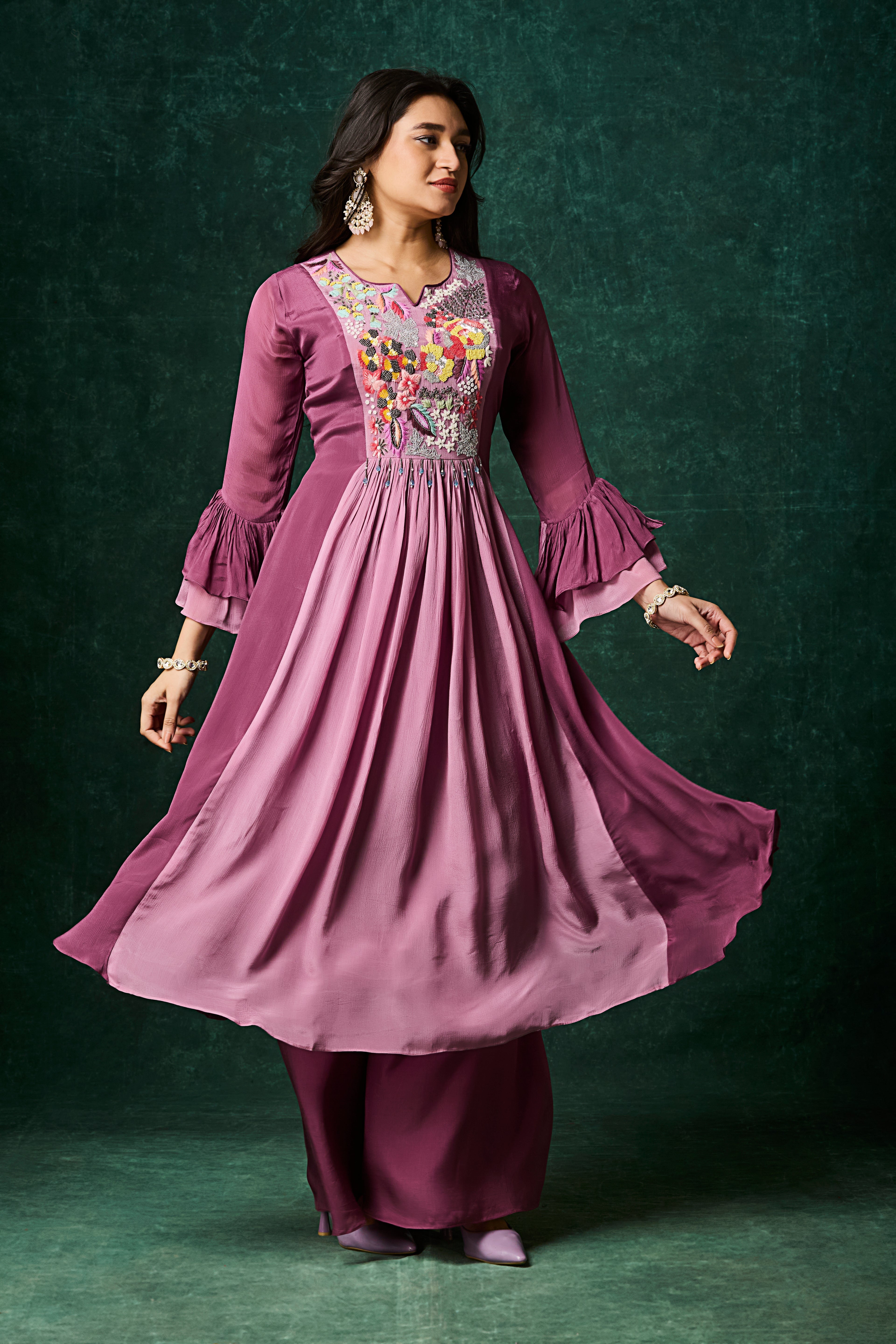 Mulberry Purple Embellished Chinon Silk Palazzo Set