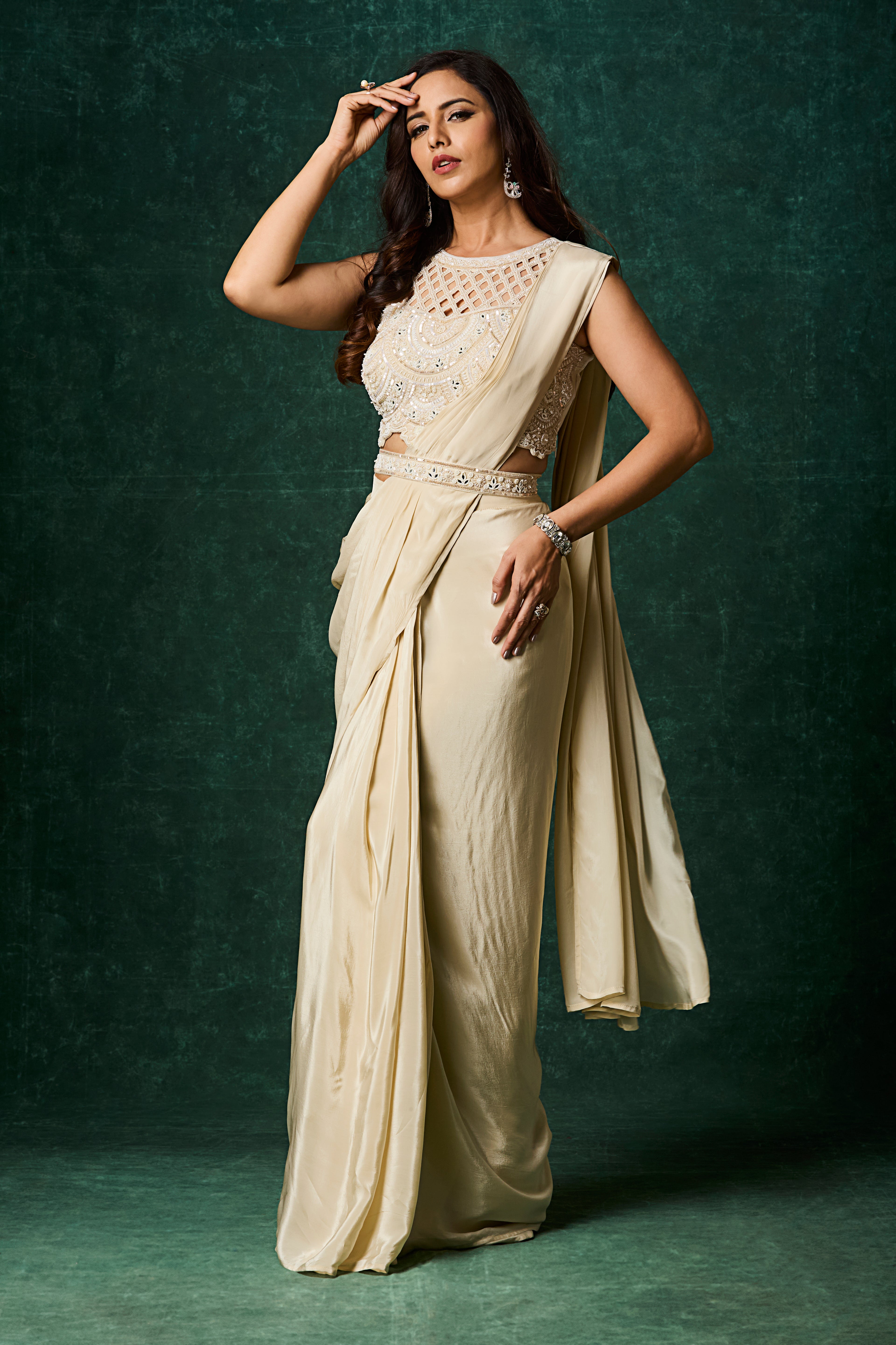 Light Beige Embellished Crepe Silk Drape Saree