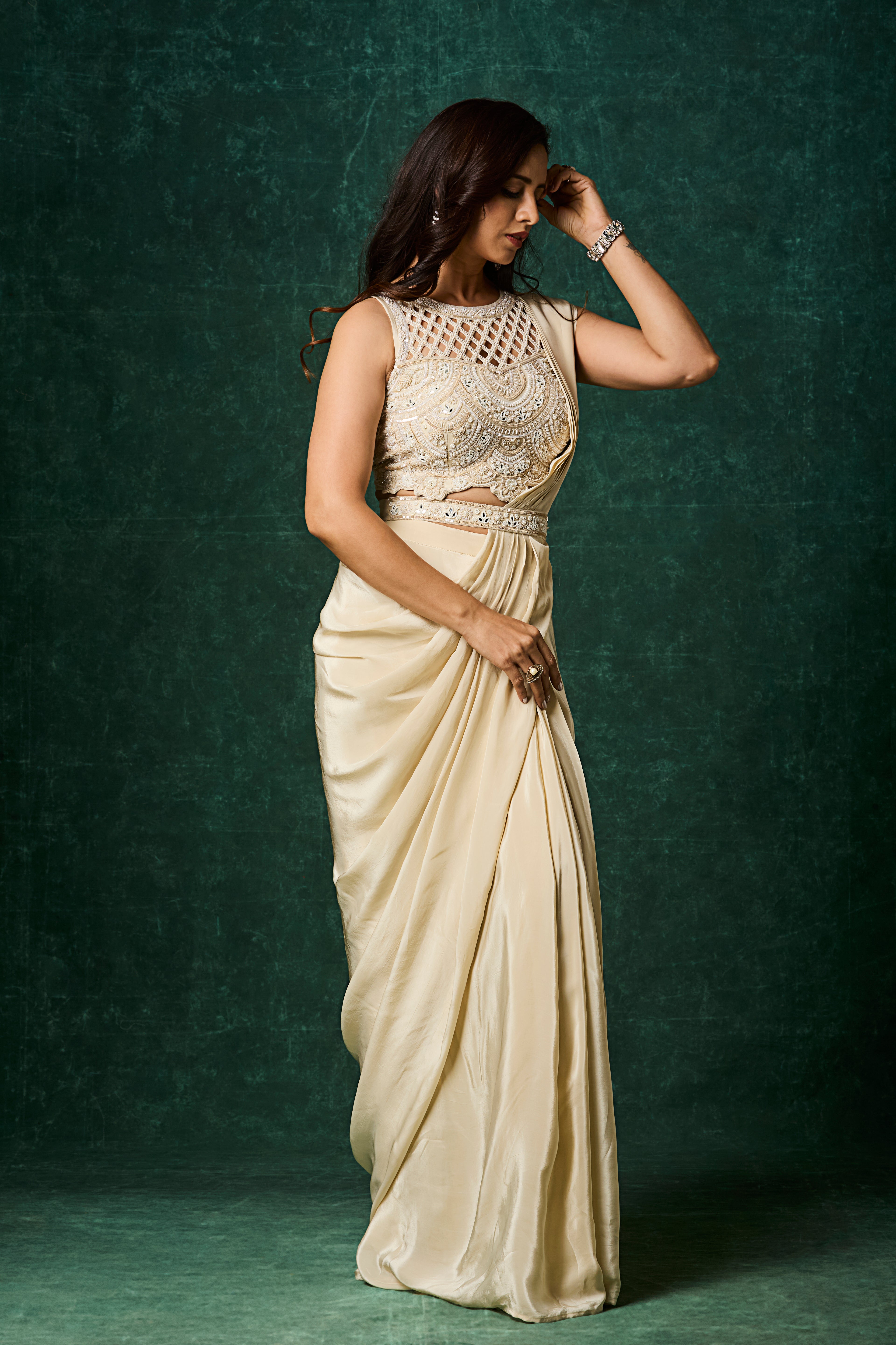 Light Beige Embellished Crepe Silk Drape Saree