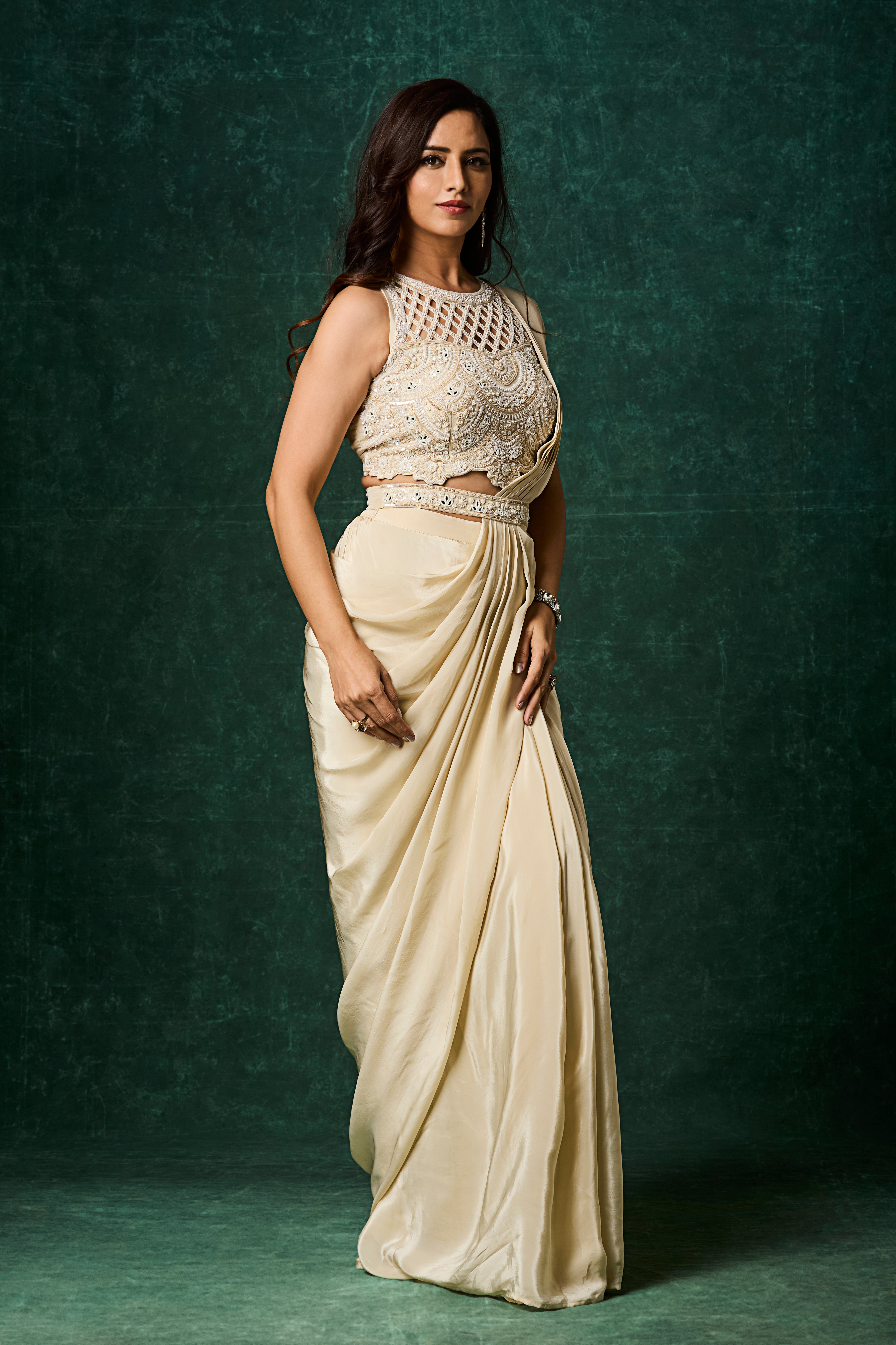 Light Beige Embellished Crepe Silk Drape Saree