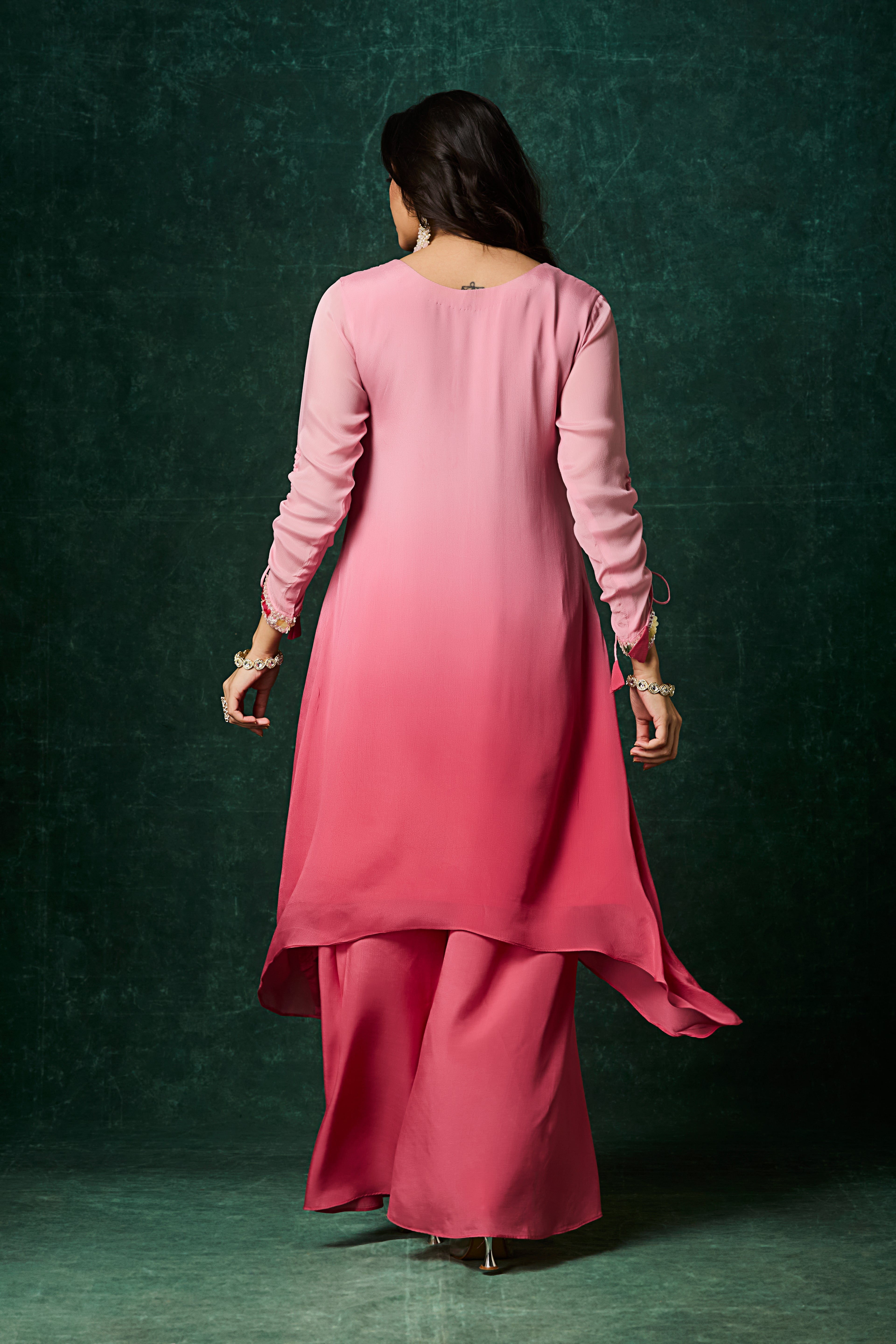 Tropical Pink Ombre Embellished Chinon Silk Kurta Set