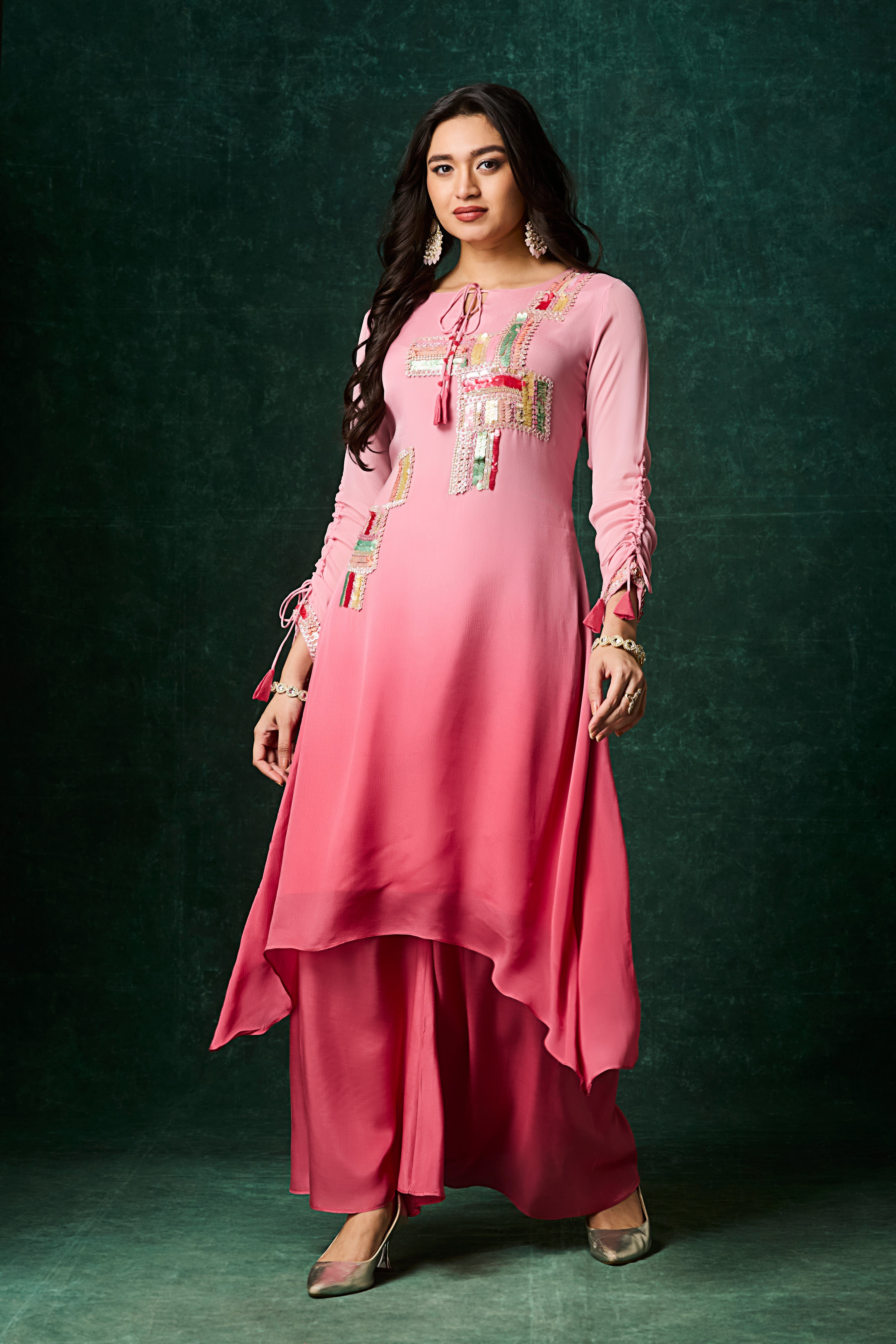 Tropical Pink Ombre Embellished Chinon Silk Kurta Set