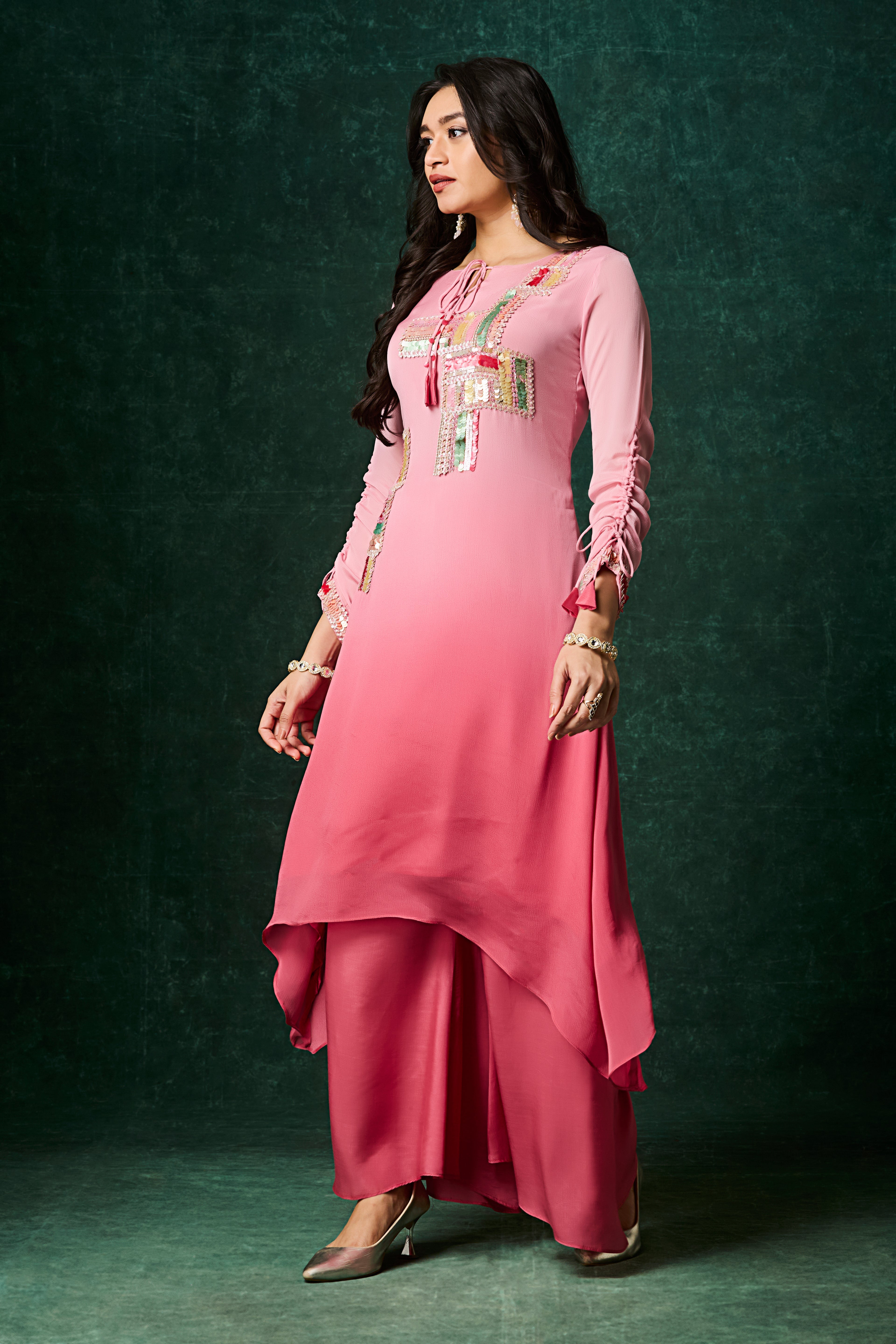 Tropical Pink Ombre Embellished Chinon Silk Kurta Set