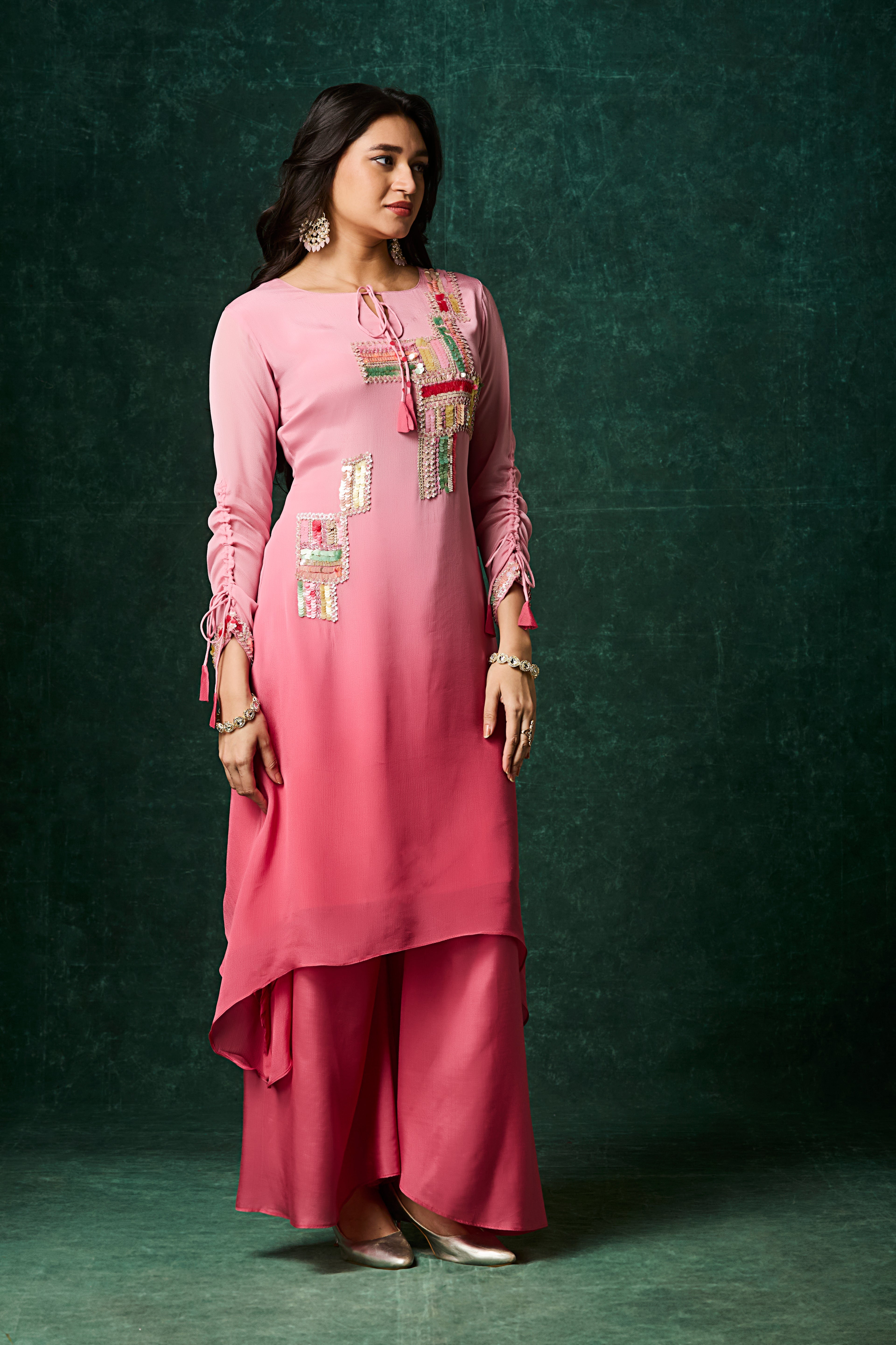 Tropical Pink Ombre Embellished Chinon Silk Kurta Set