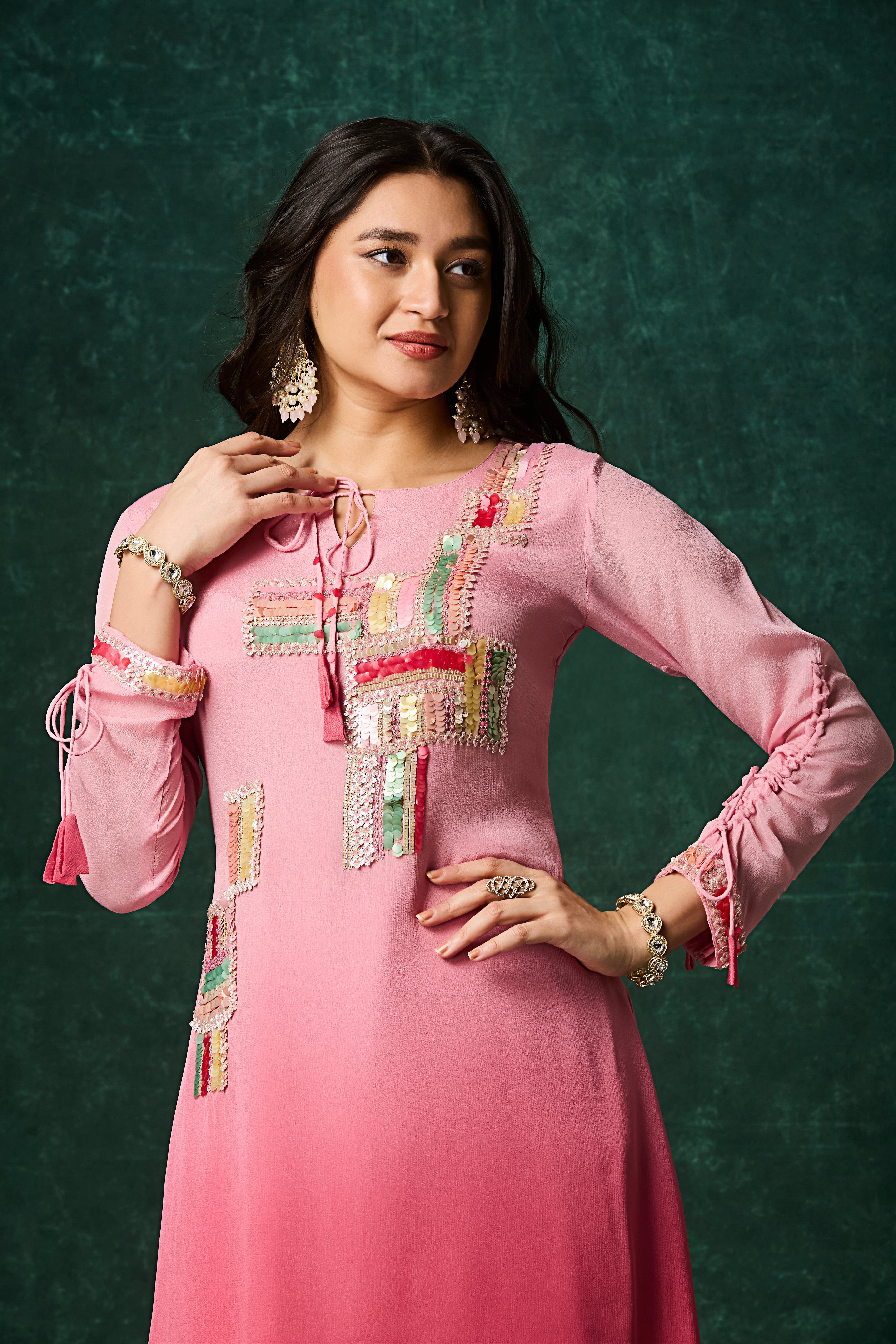 Tropical Pink Ombre Embellished Chinon Silk Kurta Set