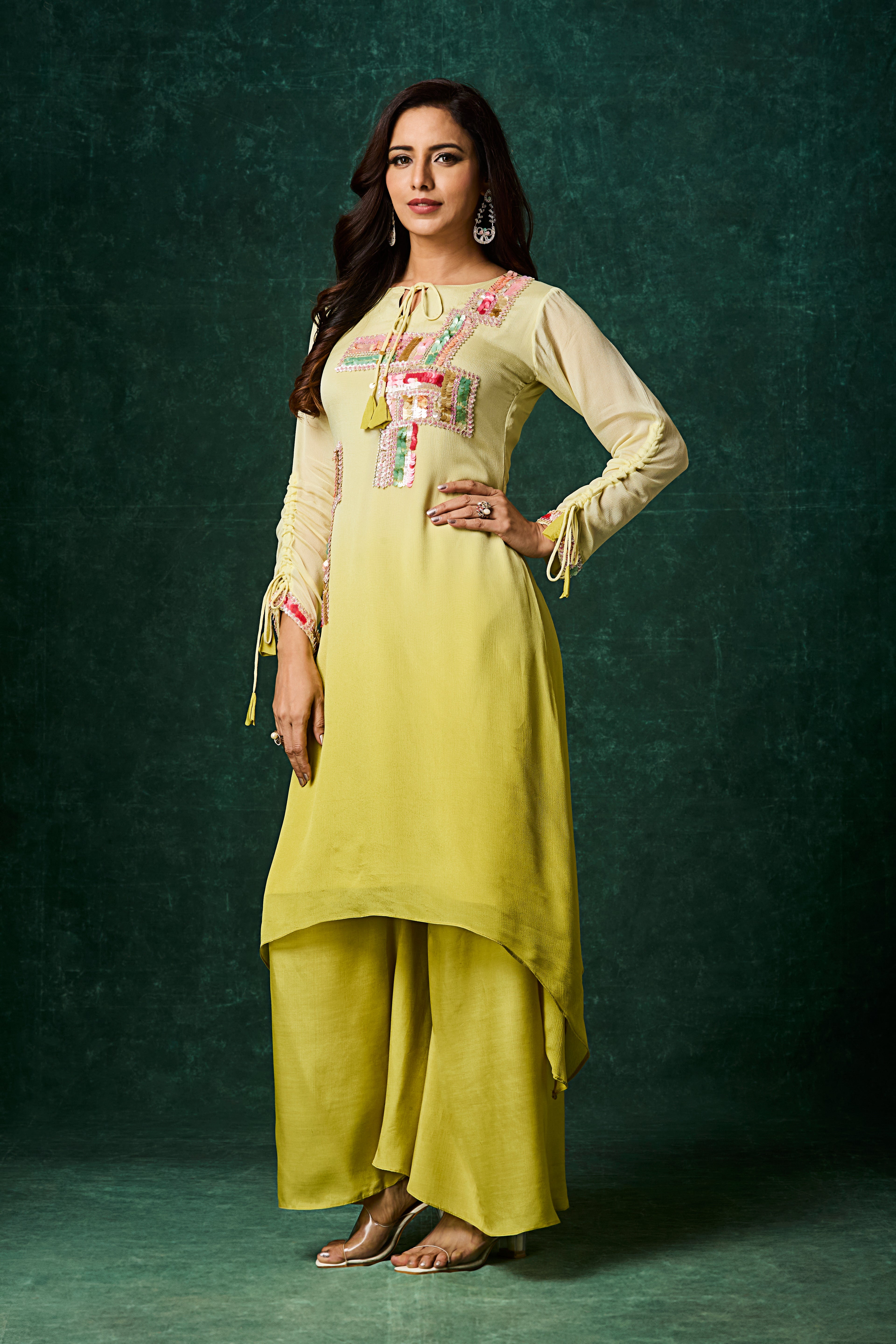 Lime Yellow Ombre Embellished Chinon Silk Kurta Set