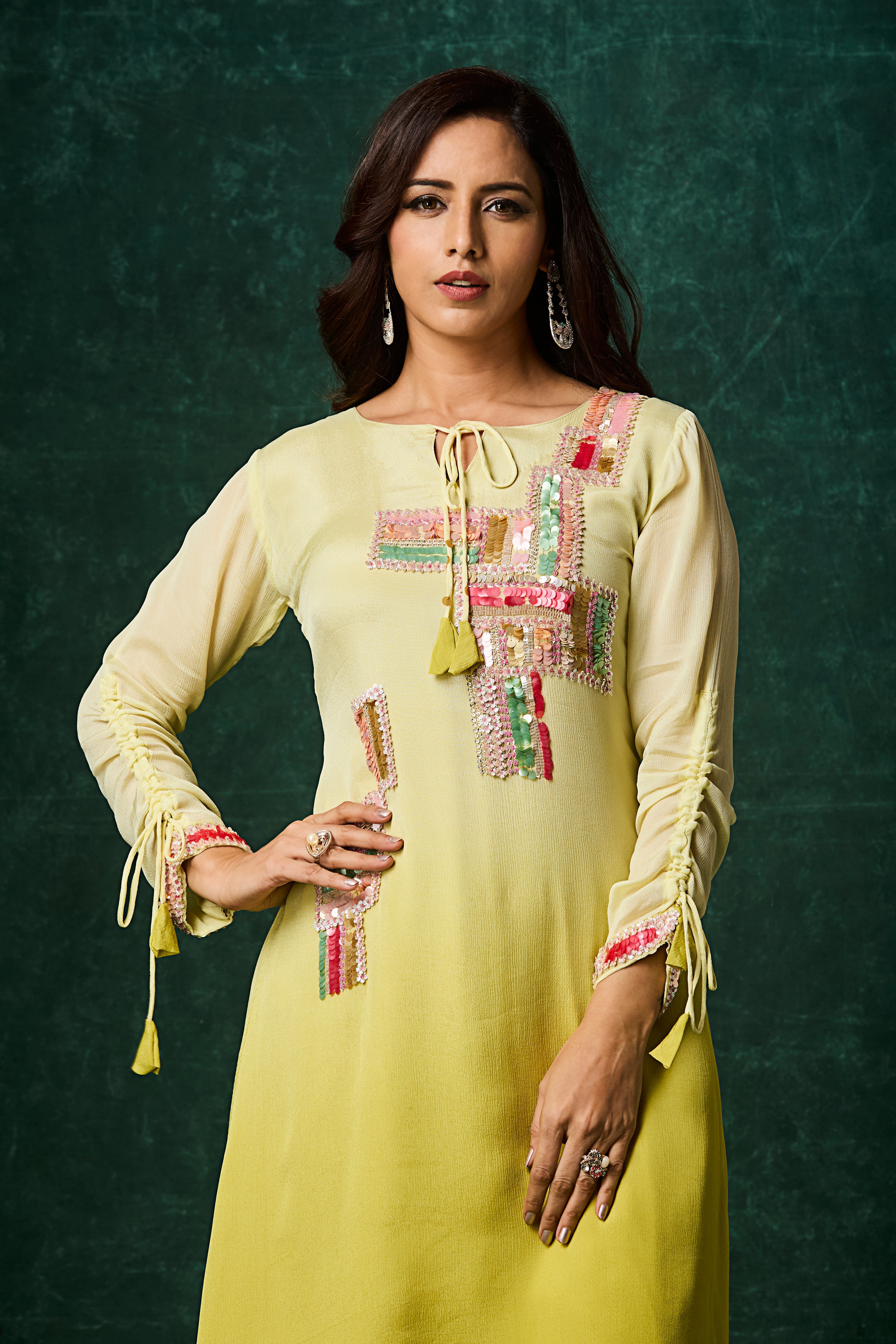 Lime Yellow Ombre Embellished Chinon Silk Kurta Set