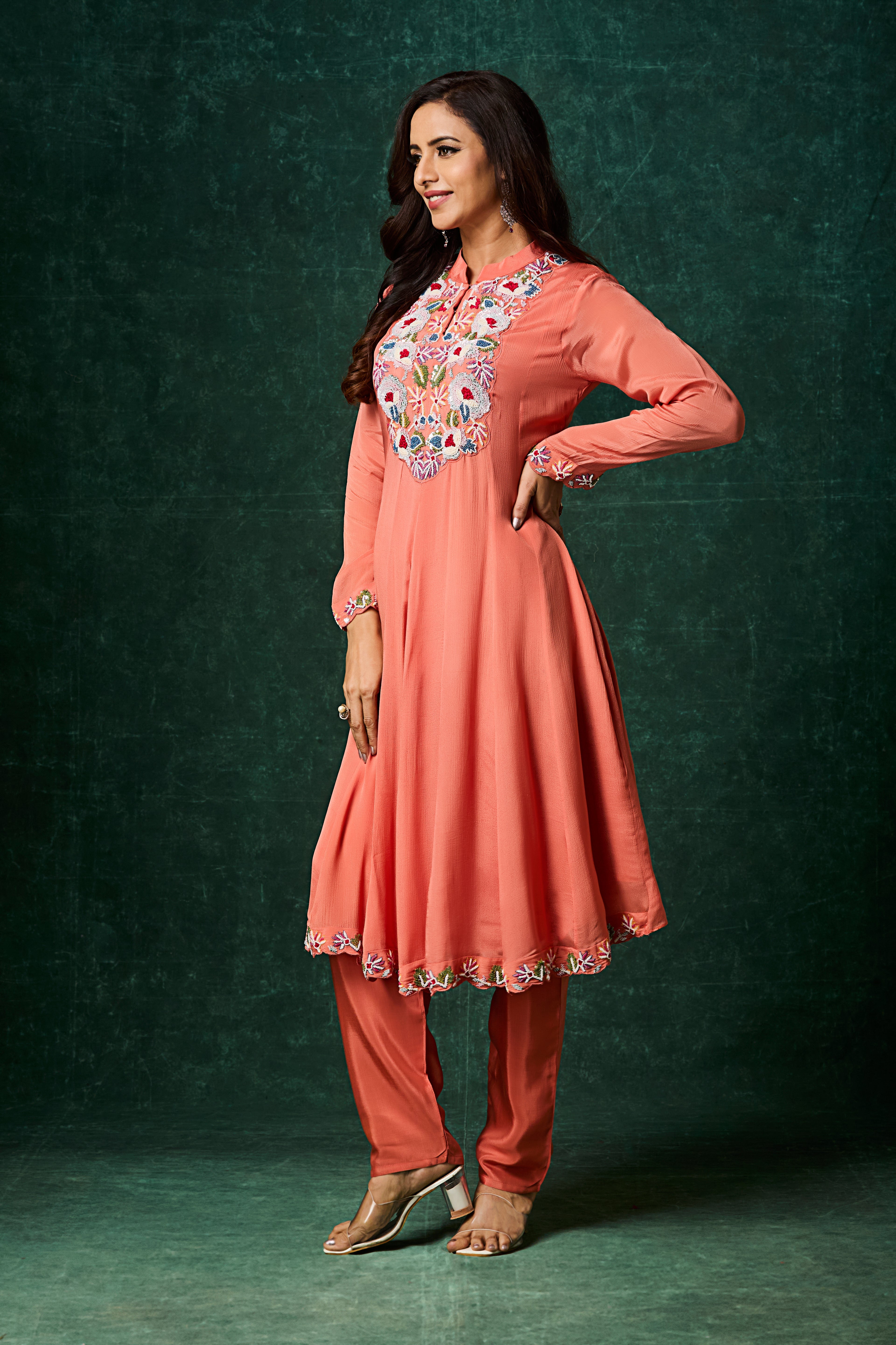 Peach Embellished Chinon Silk Anarkali Set