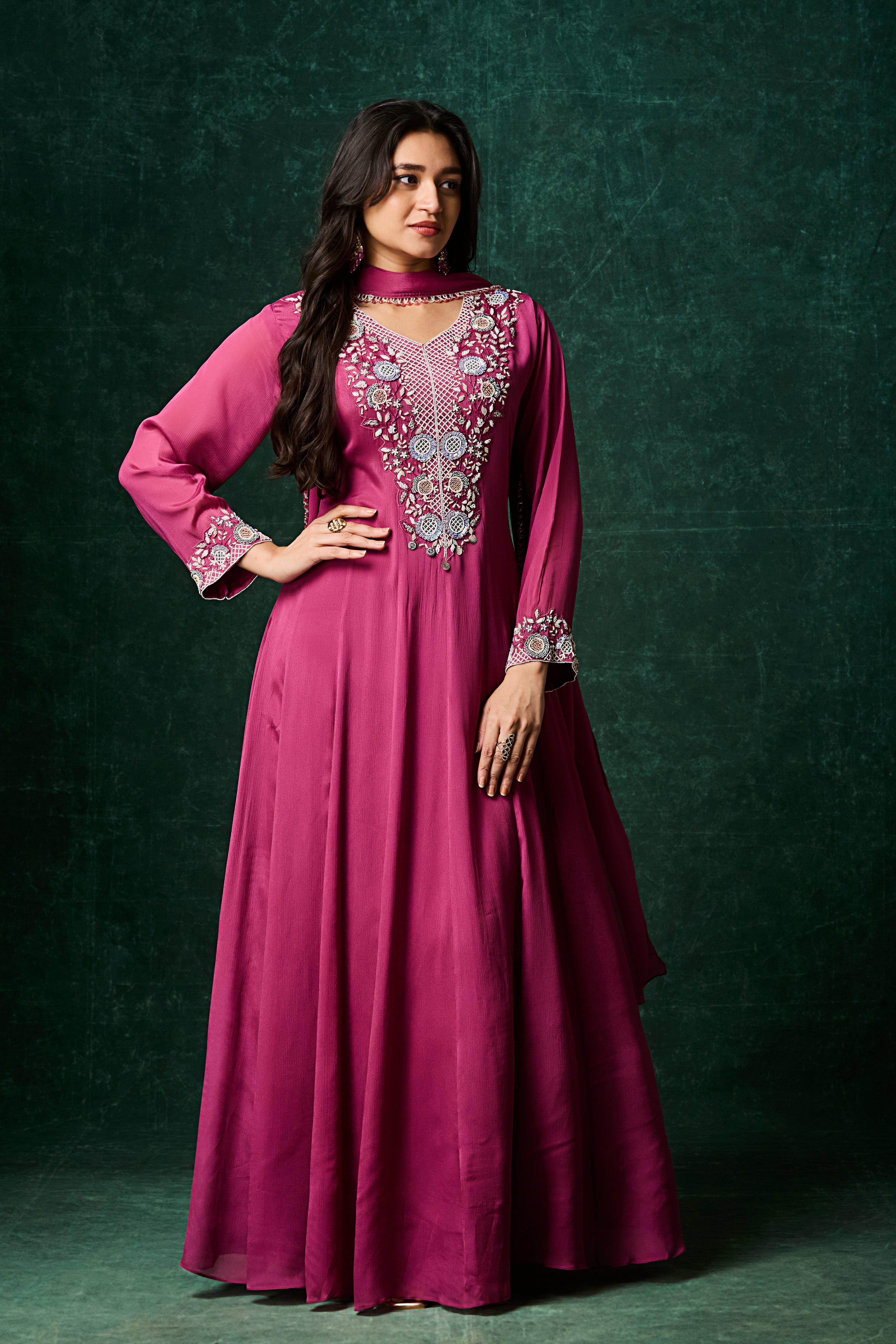 Pinkish Purple Embellished Chinon Silk Anarkali Set