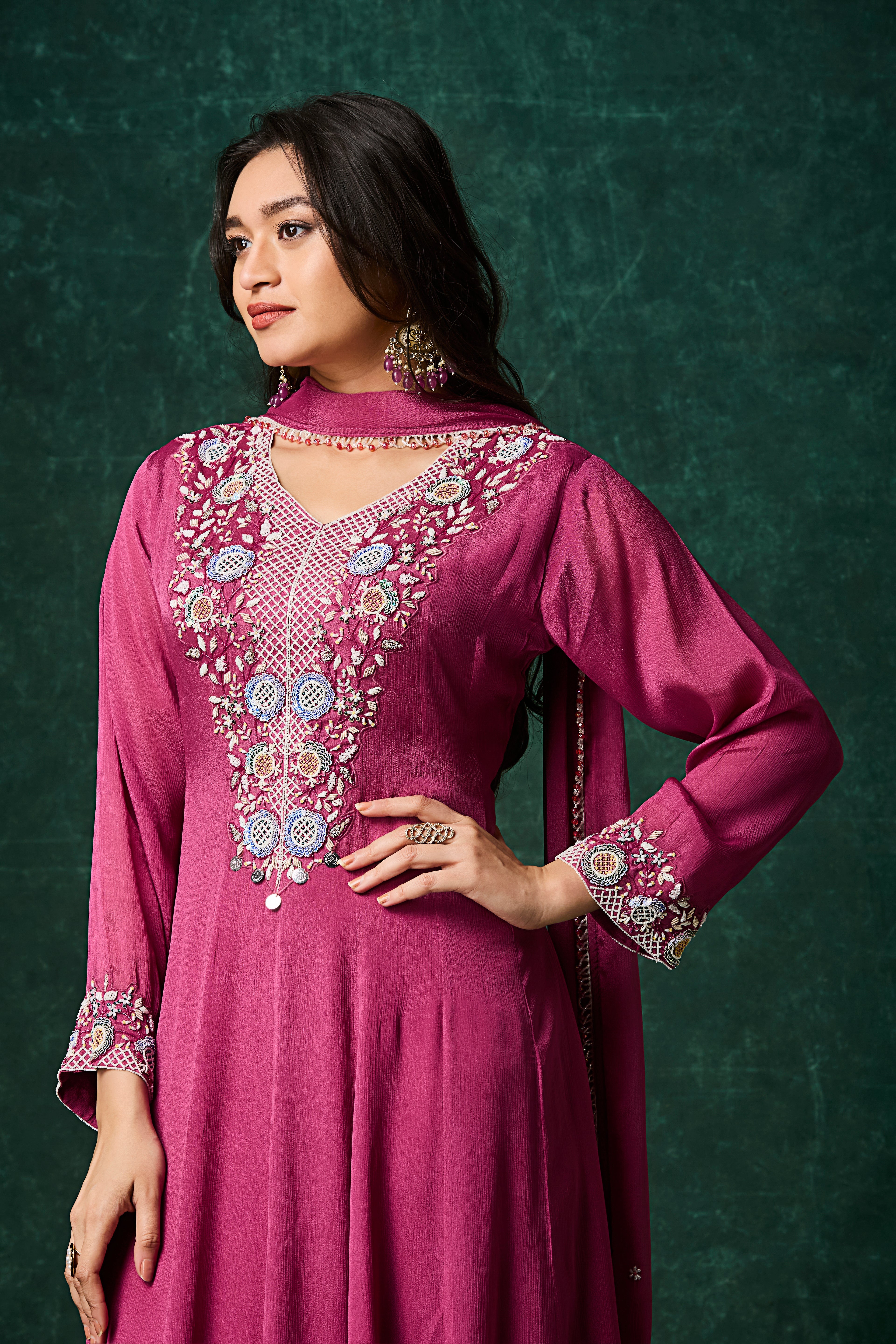 Pinkish Purple Embellished Chinon Silk Anarkali Set