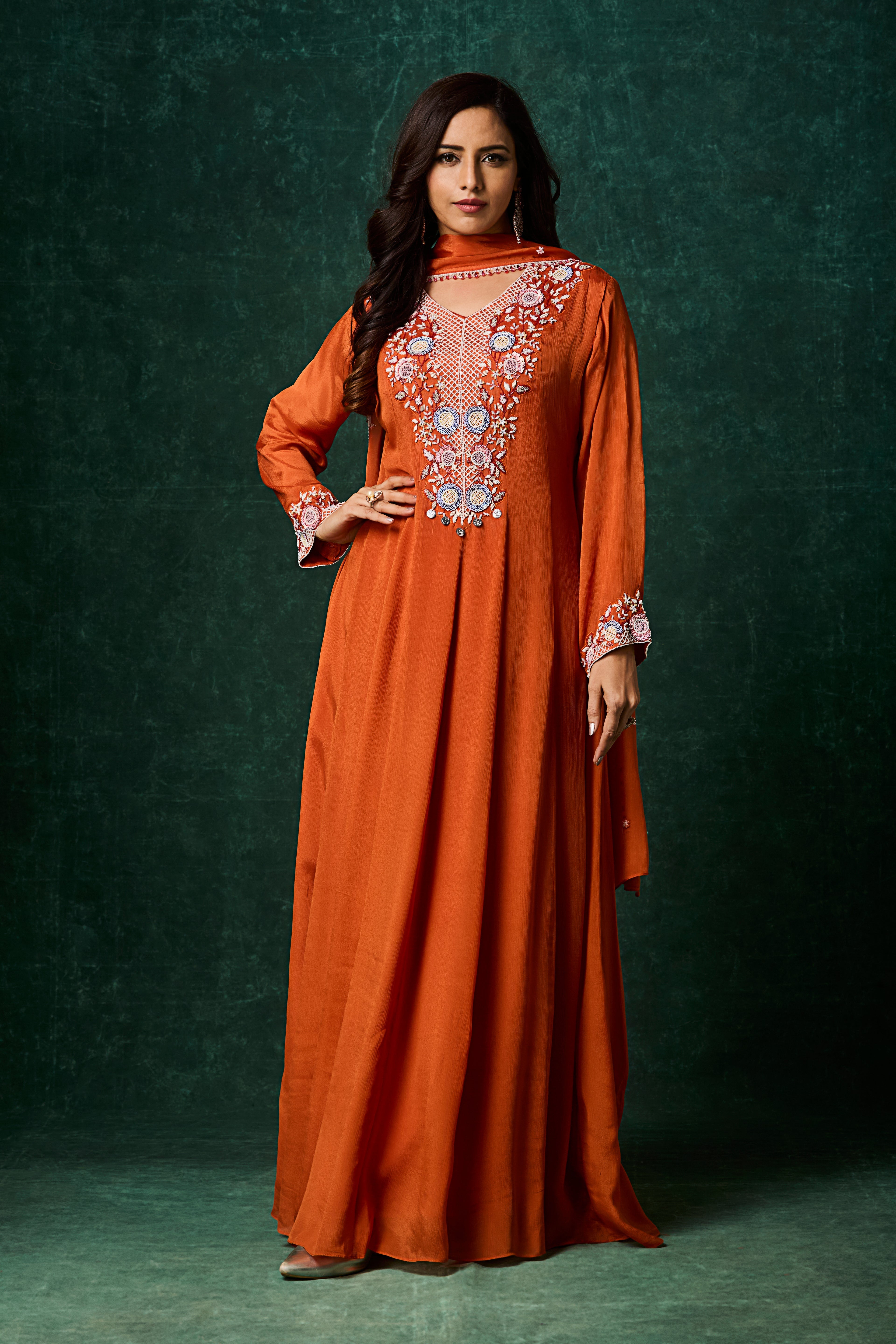 Deep Orange Embellished Chinon Silk Anarkali Set