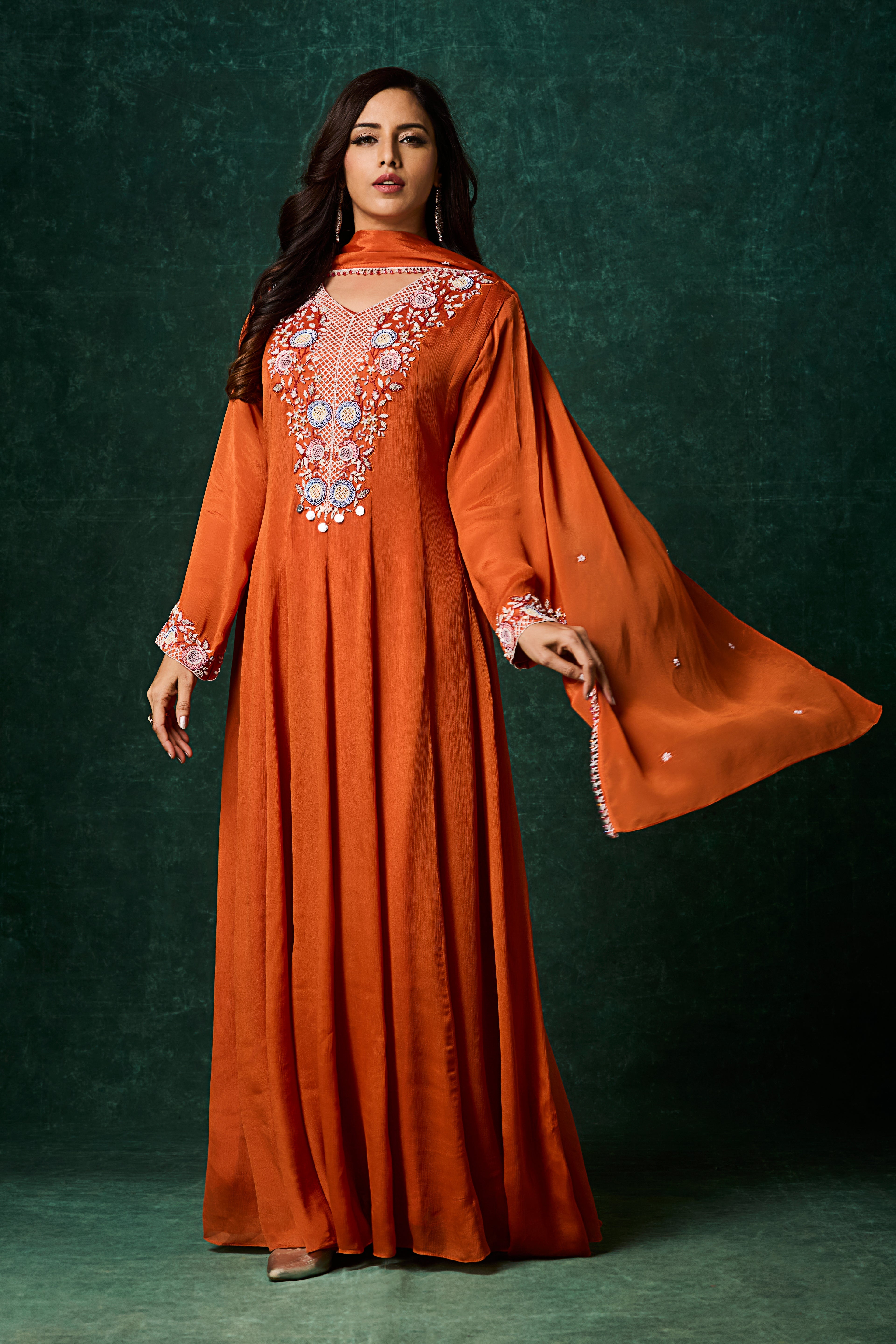 Deep Orange Embellished Chinon Silk Anarkali Set