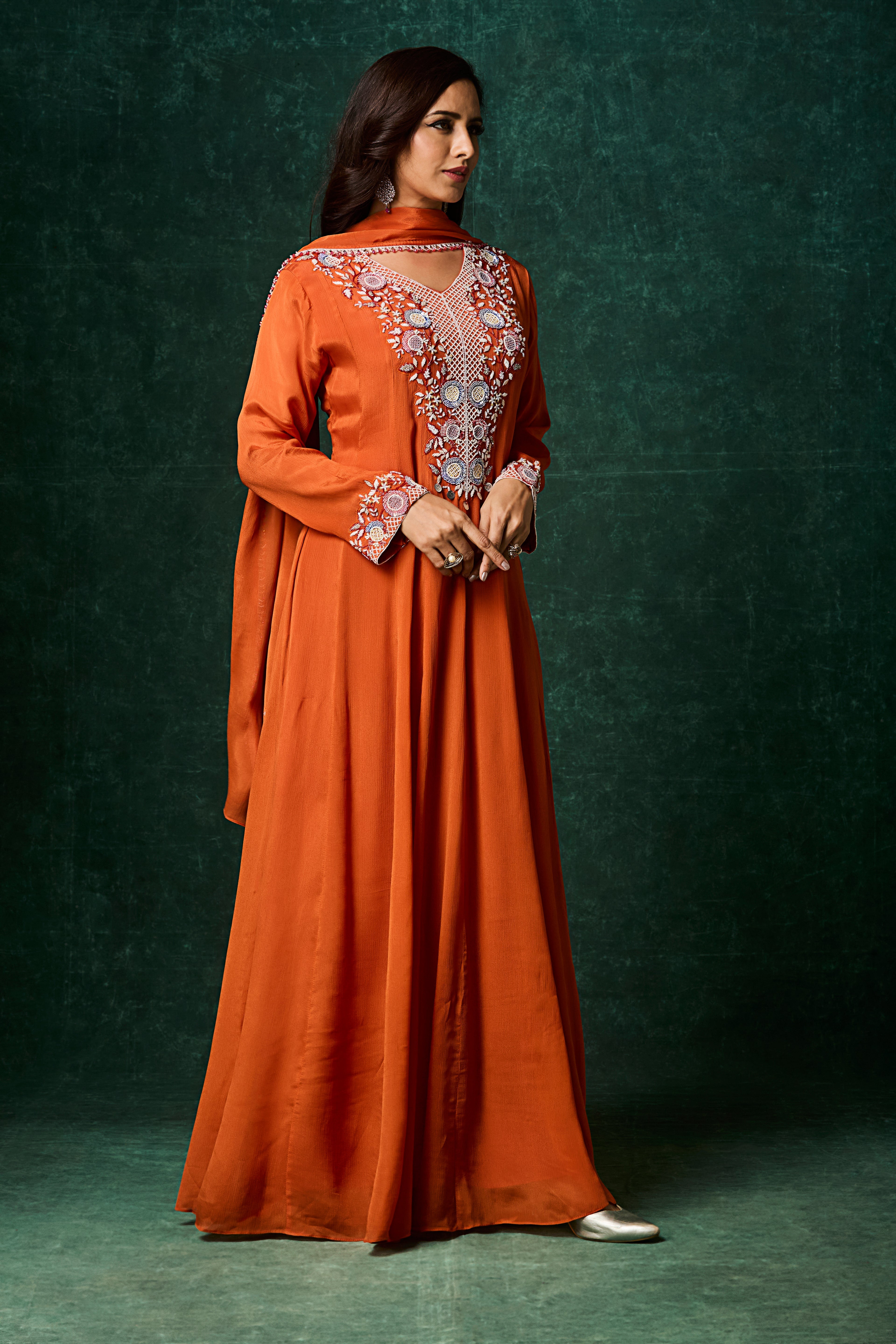 Deep Orange Embellished Chinon Silk Anarkali Set