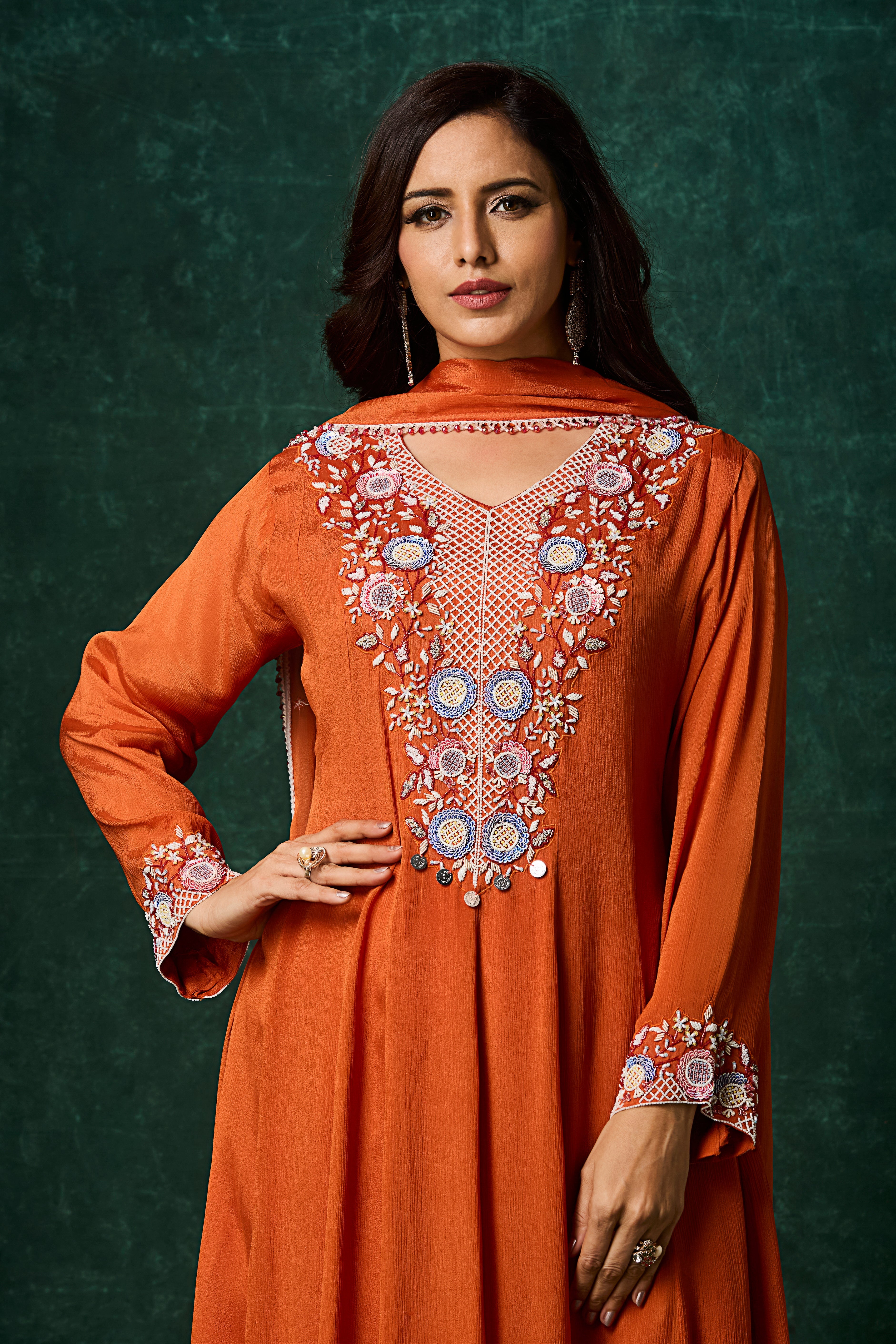 Deep Orange Embellished Chinon Silk Anarkali Set