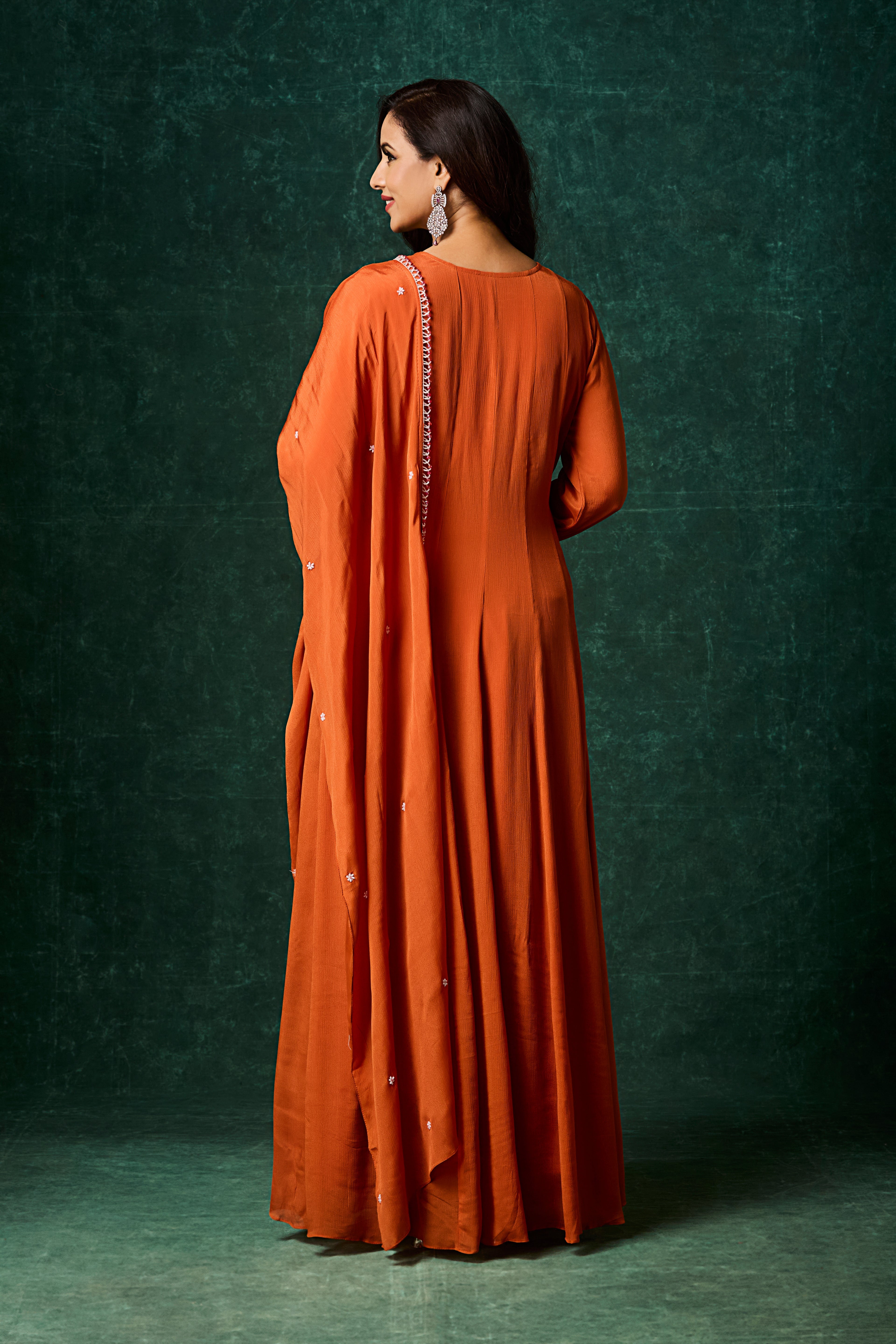 Deep Orange Embellished Chinon Silk Anarkali Set