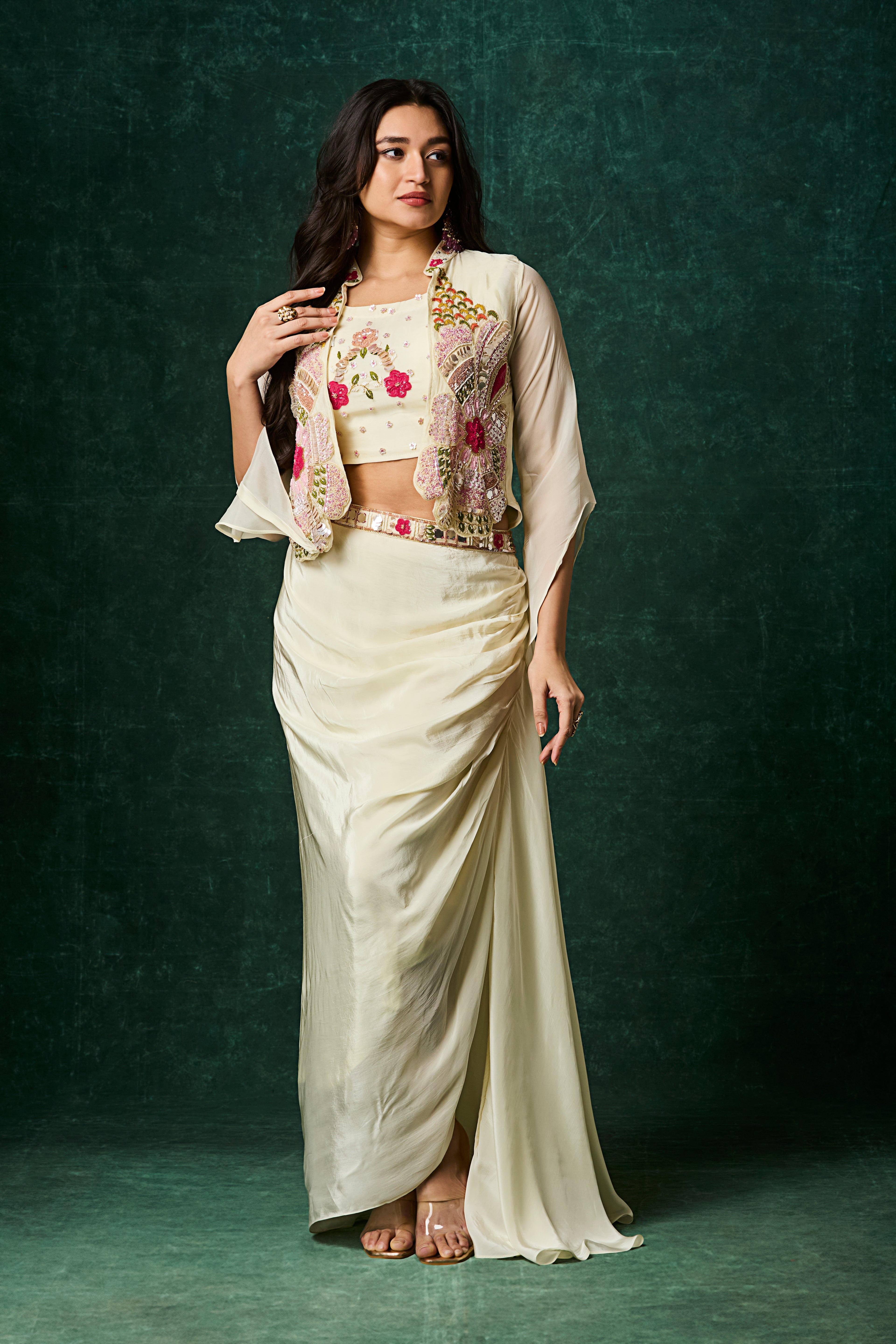 Ivory Embellished Crepe Silk Skirt Set