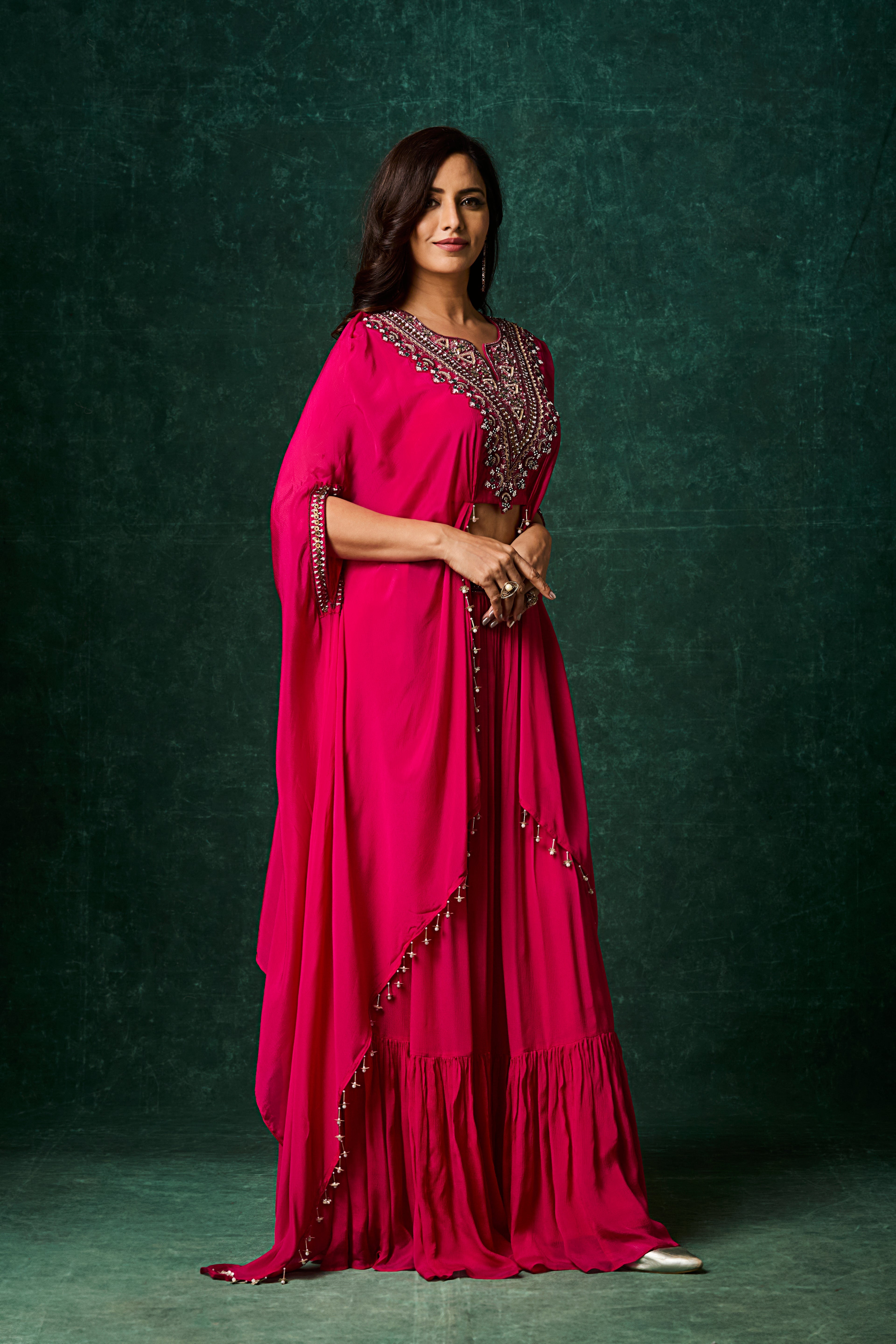 Rani Pink Embellished Chinon Silk Skirt Set
