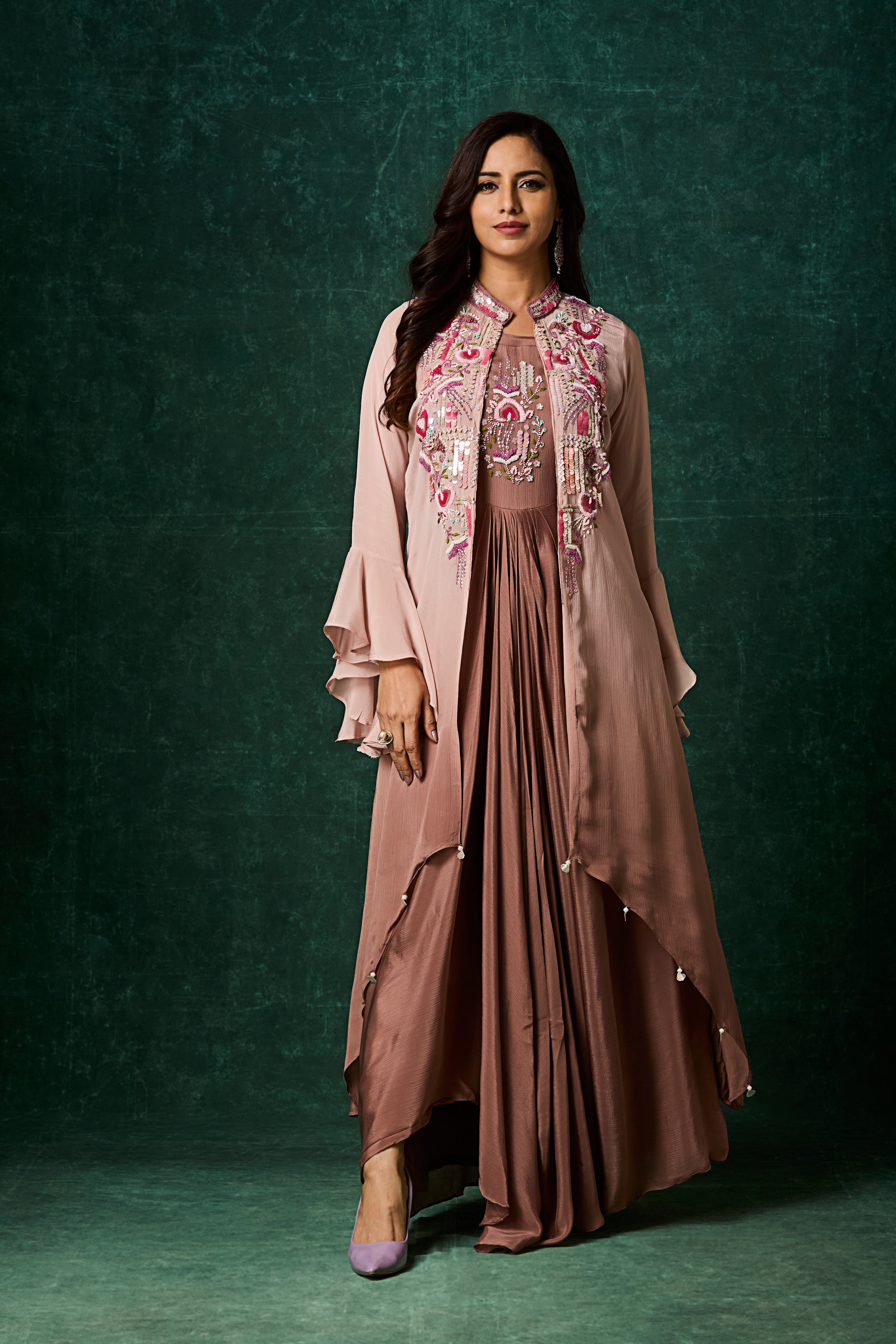 Dusty Brown Ombre Embellished Chinon Silk Gown