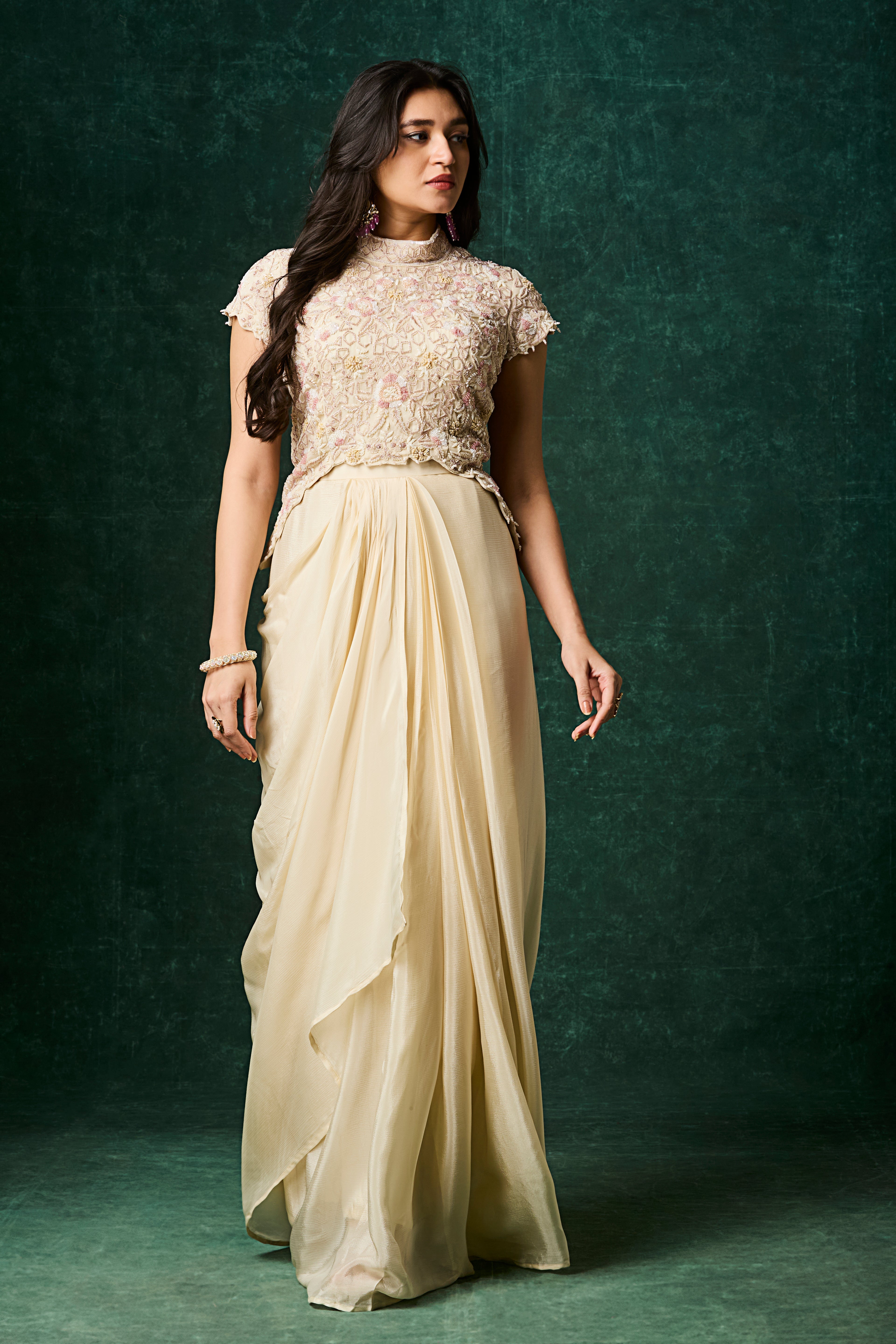 Off-White Embellished Chinon Silk Skirt Set