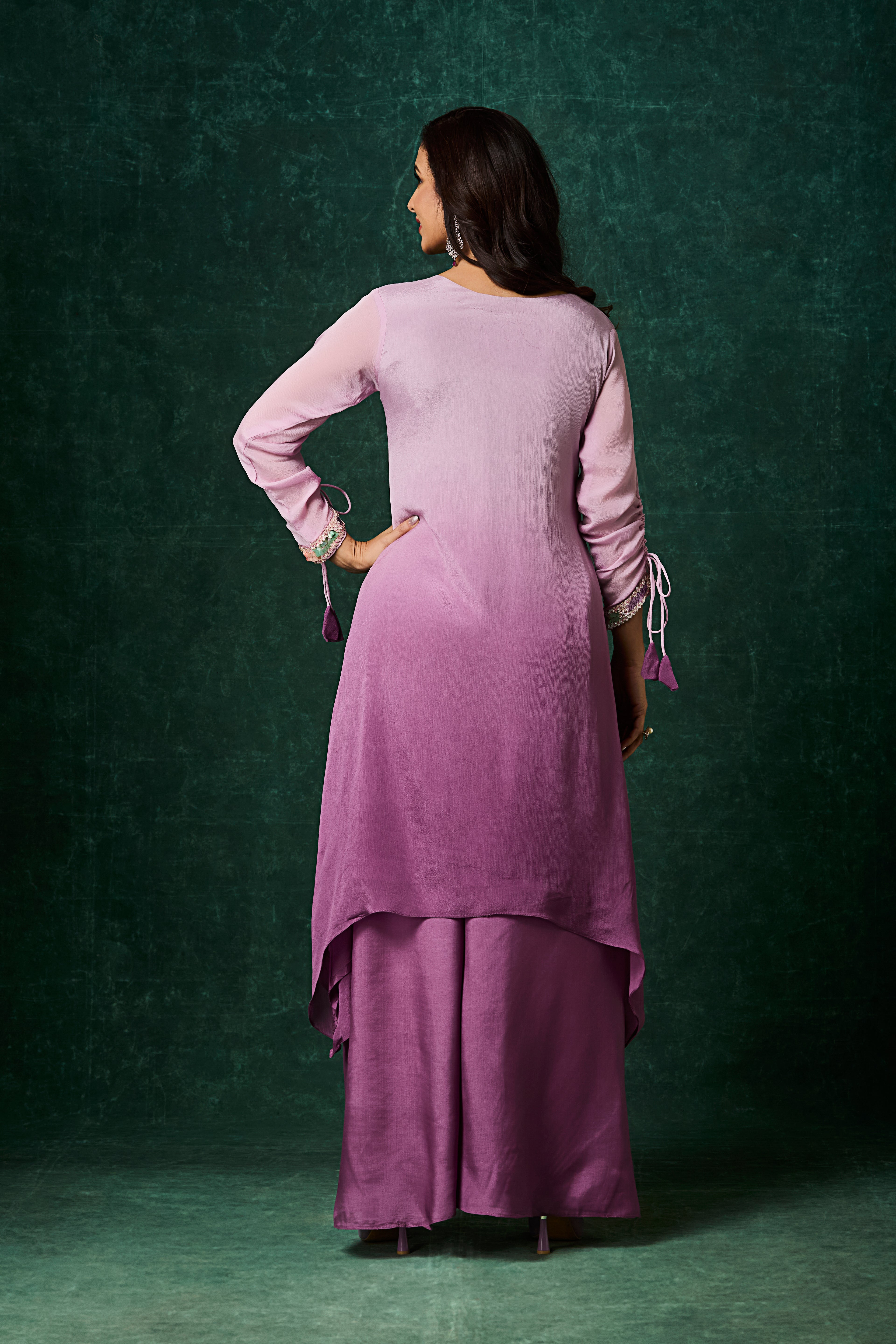 Dusty Lavender Ombre Embellished Chinon Silk Kurta Set