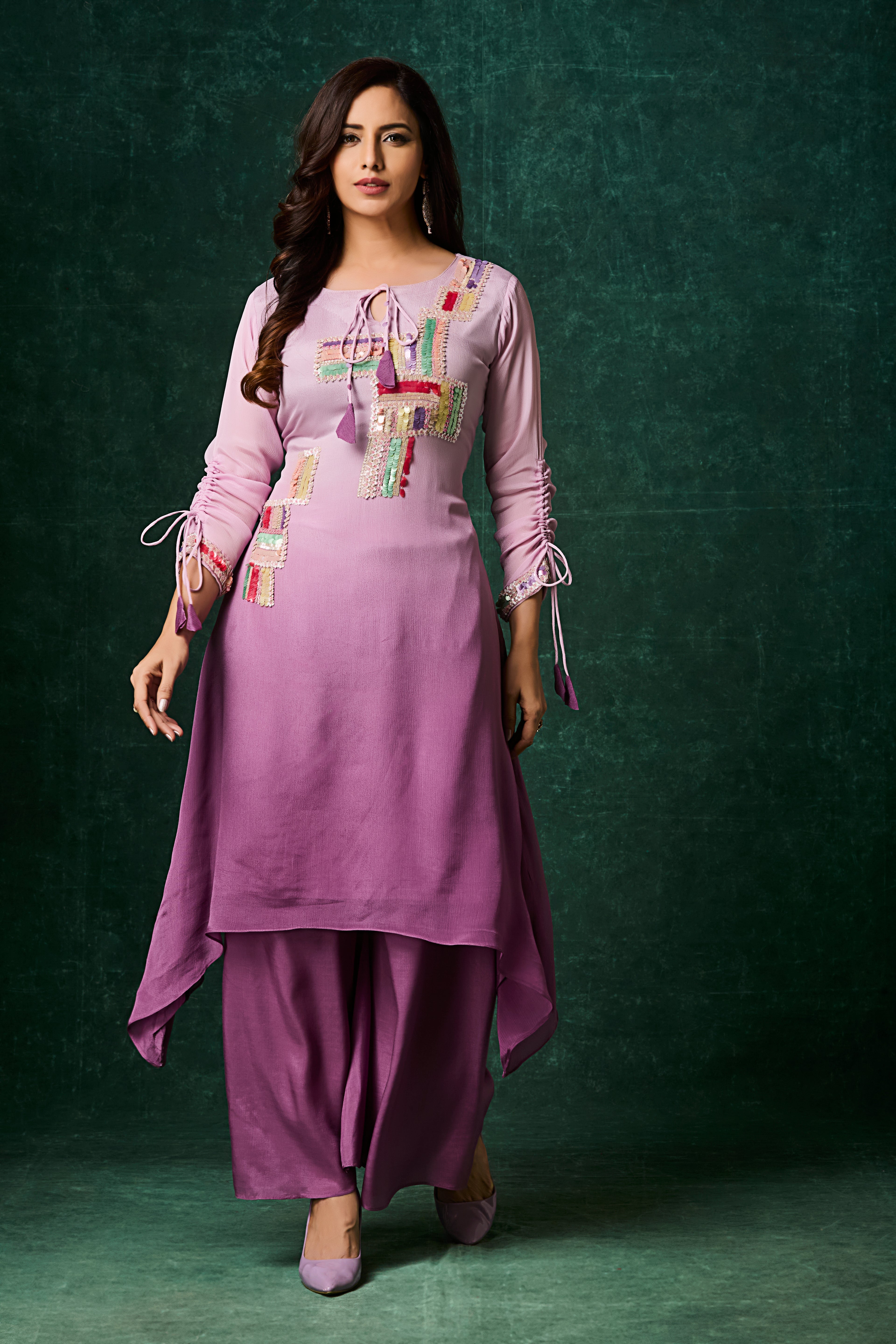 Dusty Lavender Ombre Embellished Chinon Silk Kurta Set