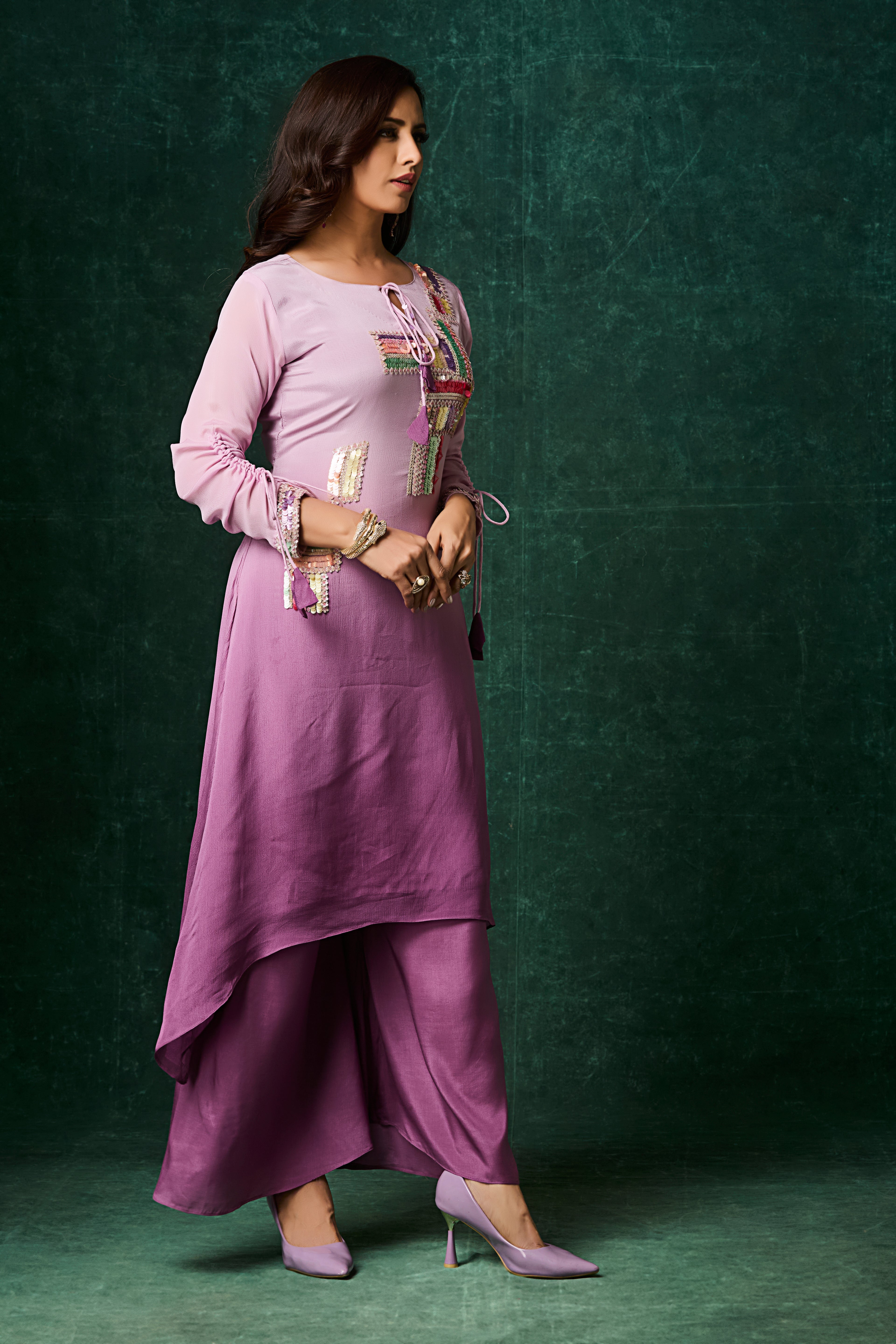 Dusty Lavender Ombre Embellished Chinon Silk Kurta Set