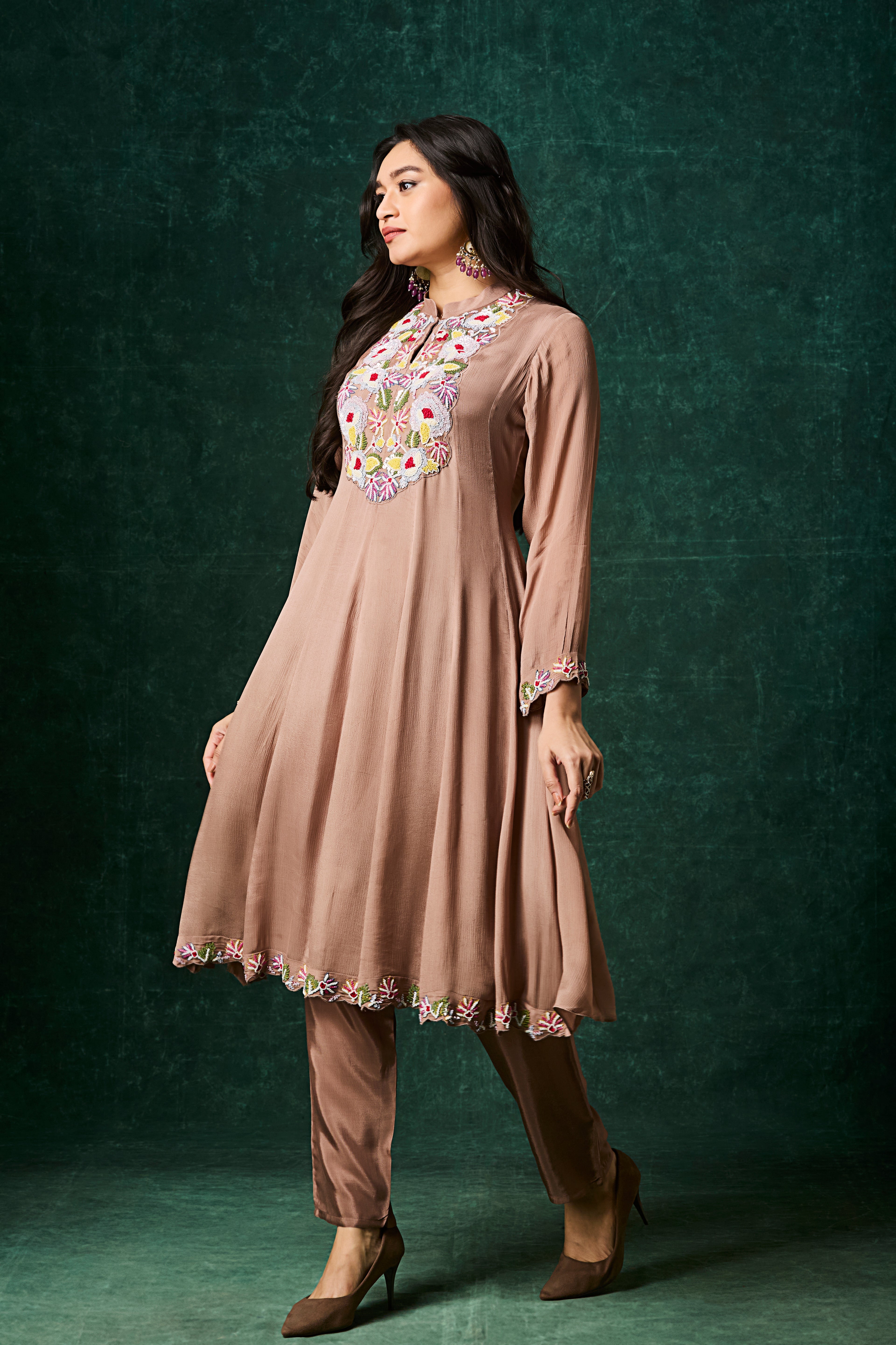 Brown Embellished Chinon Silk Anarkali Set