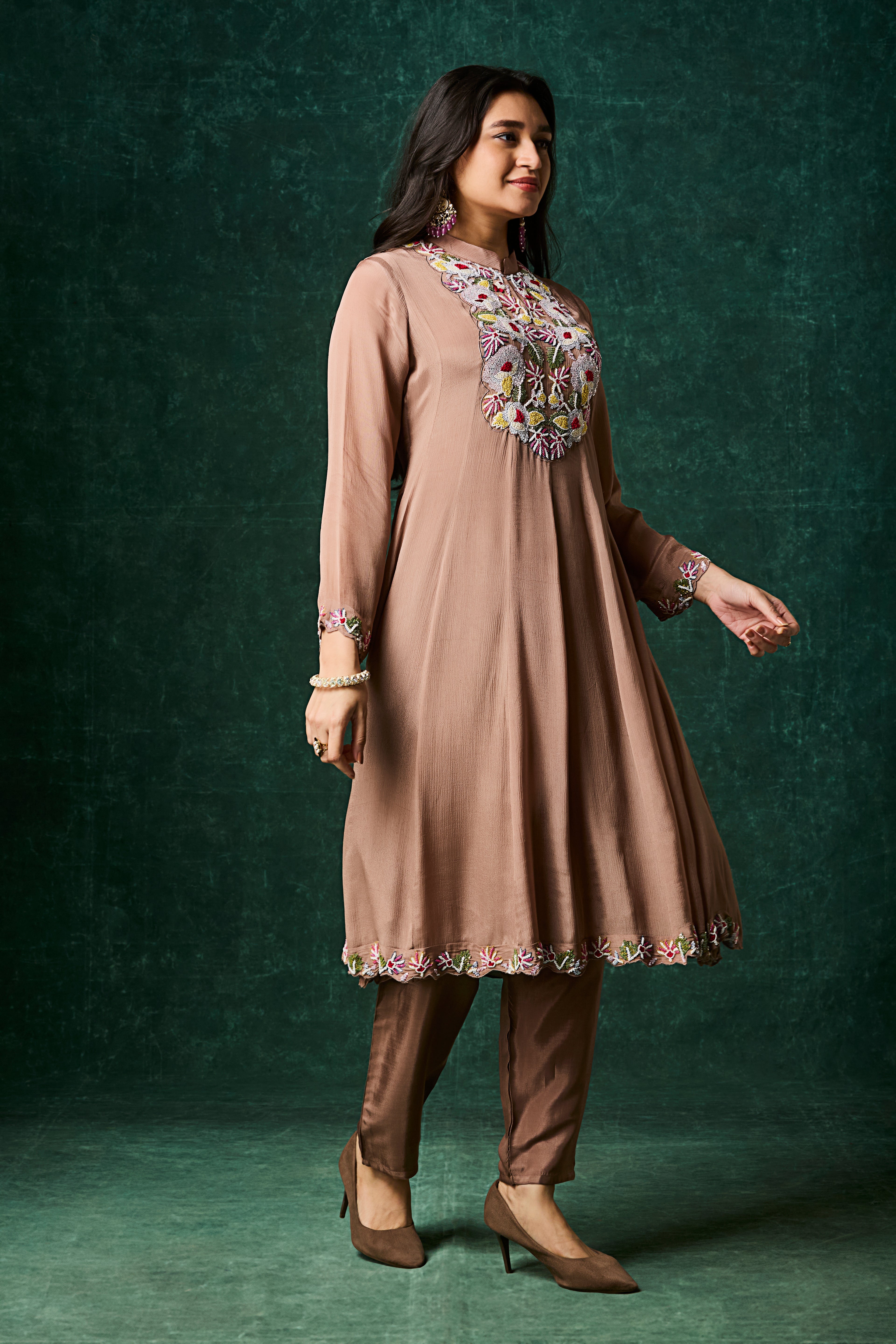 Brown Embellished Chinon Silk Anarkali Set