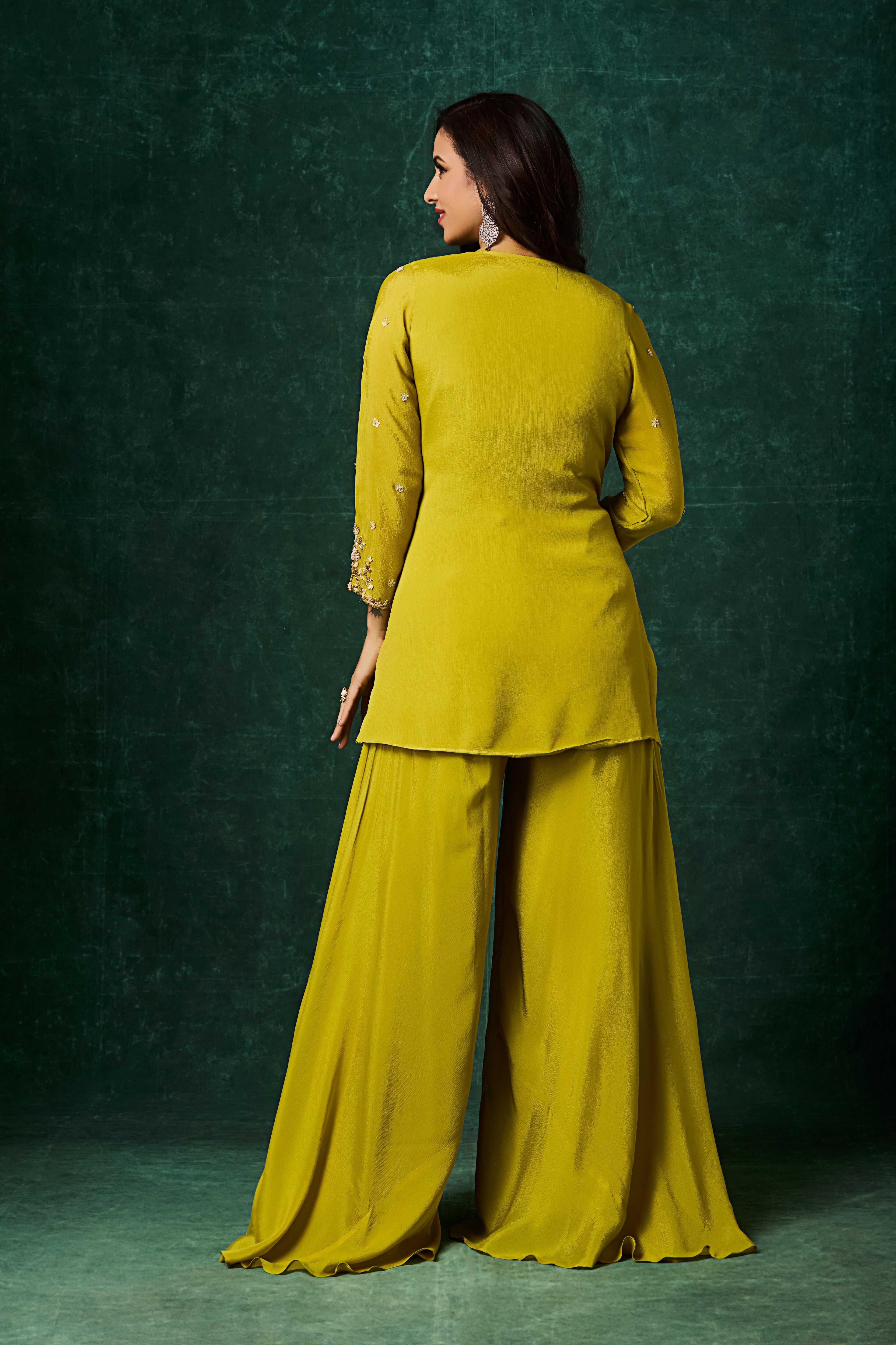 Lime Green Embellished Chinon Silk Palazzo Set