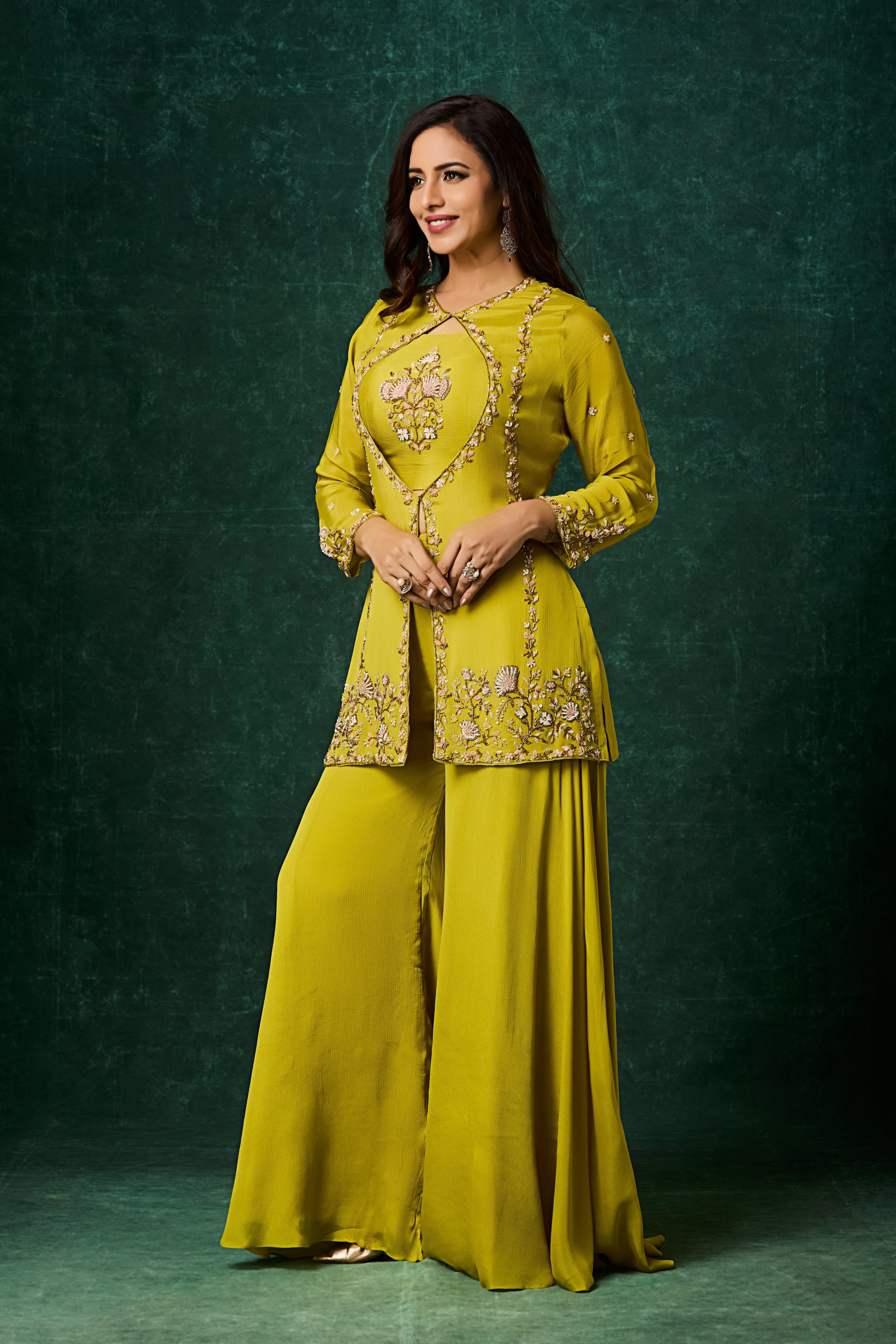 Lime Green Embellished Chinon Silk Palazzo Set