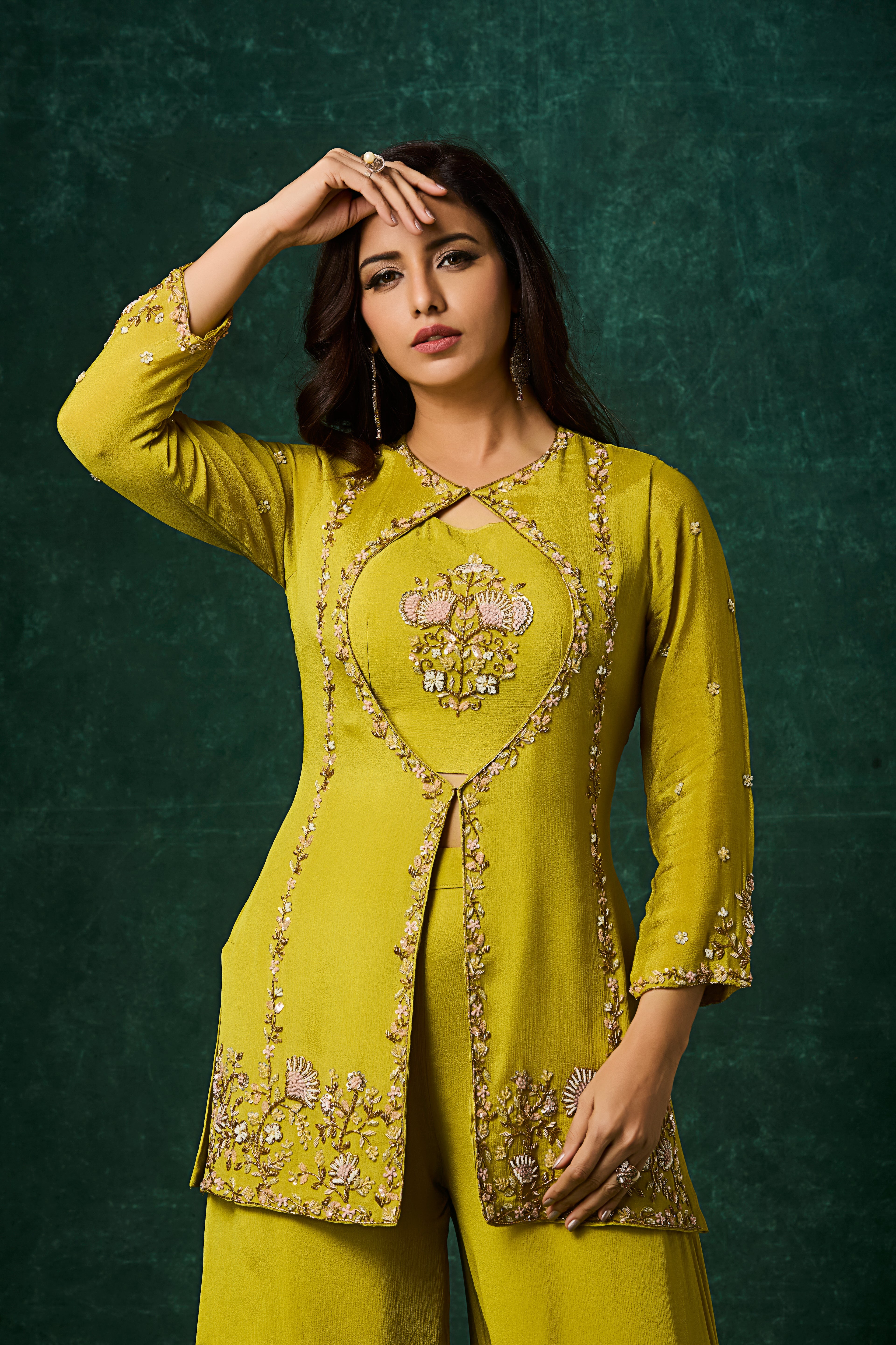 Lime Green Embellished Chinon Silk Palazzo Set