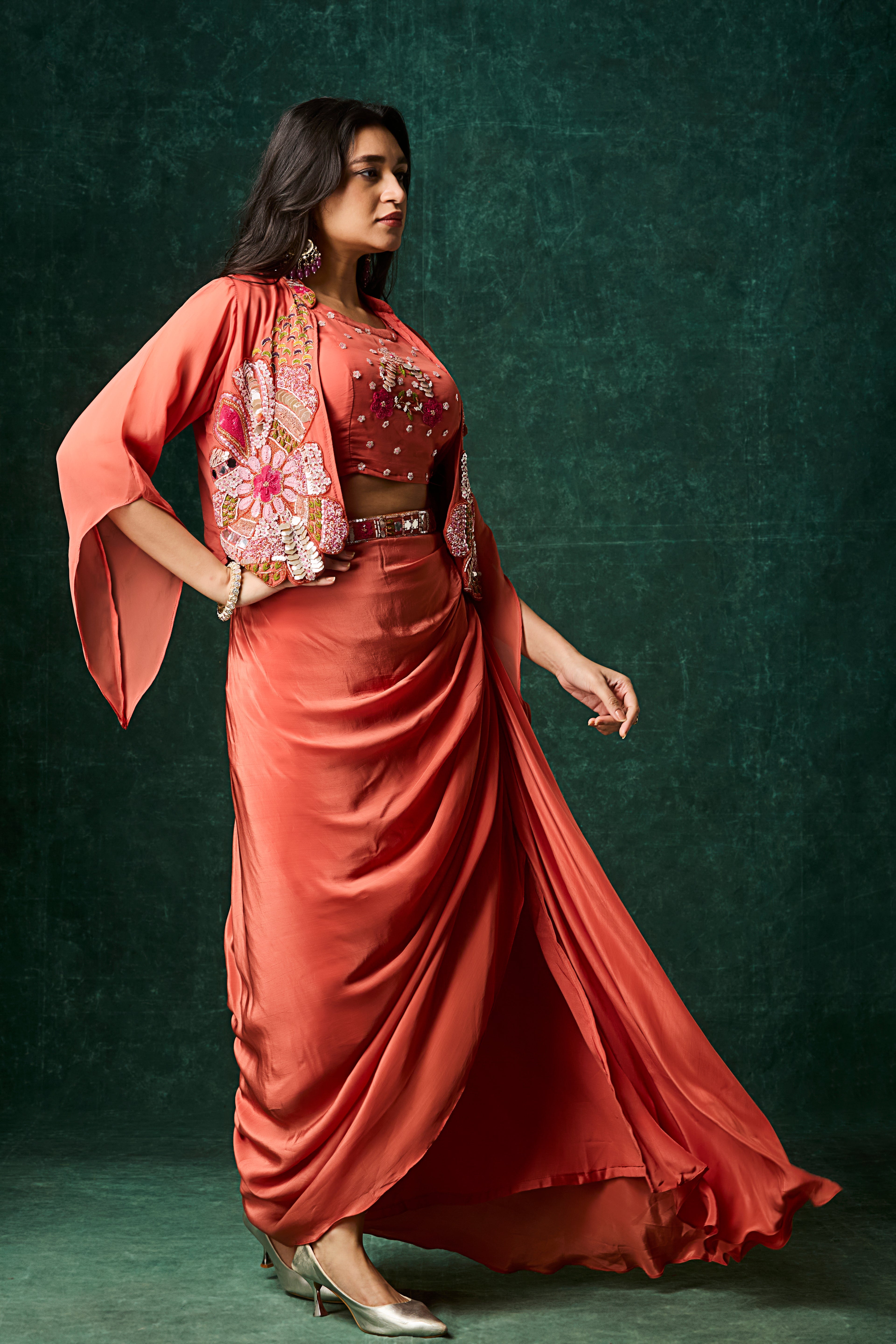 Terracotta Orange Embellished Crepe Silk Skirt Set