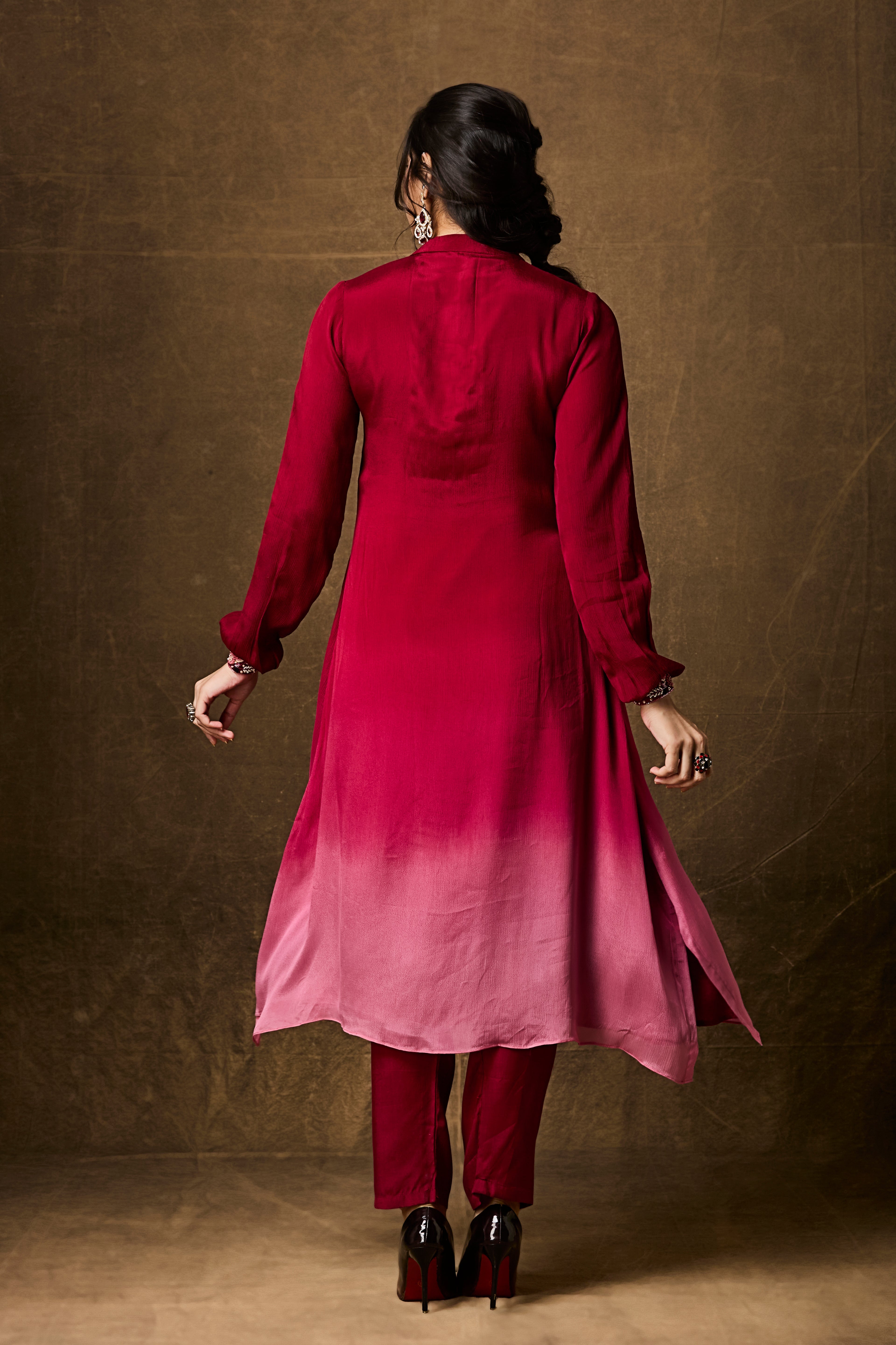 Red and Pink Ombre Chinon Silk Kurta Set