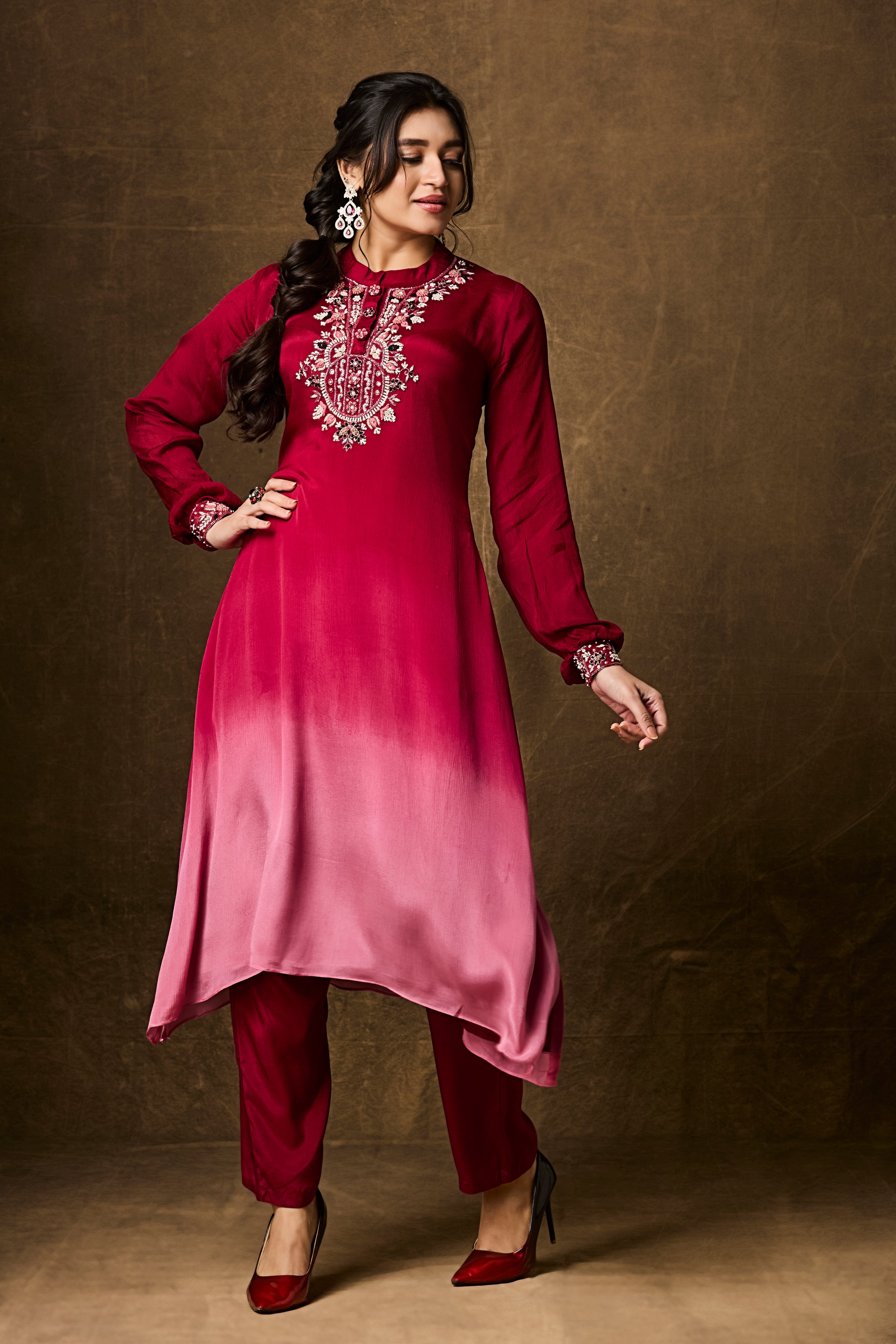 Red and Pink Ombre Chinon Silk Kurta Set