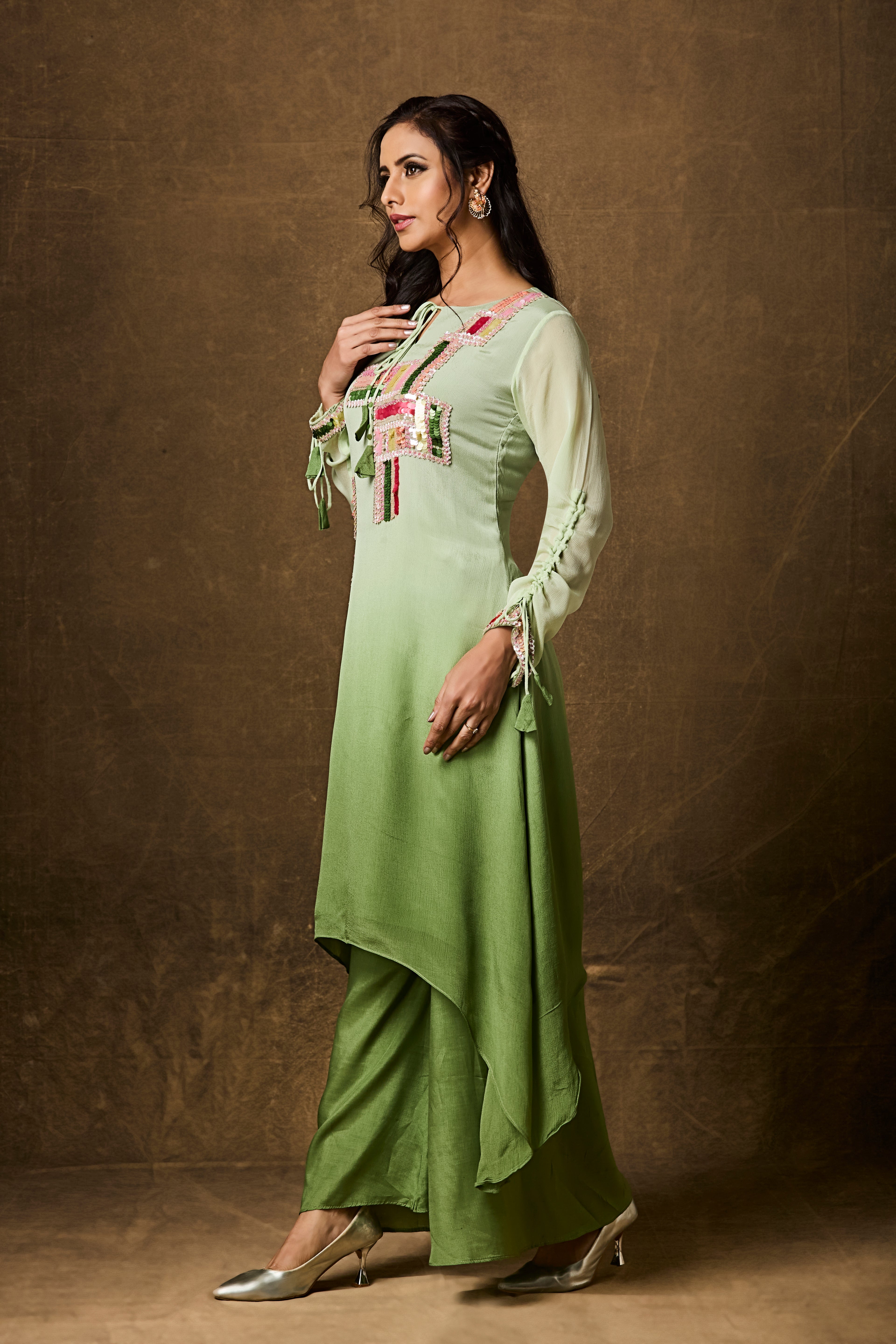 Lime Green Ombre Embellished Chinon Silk Kurta Set