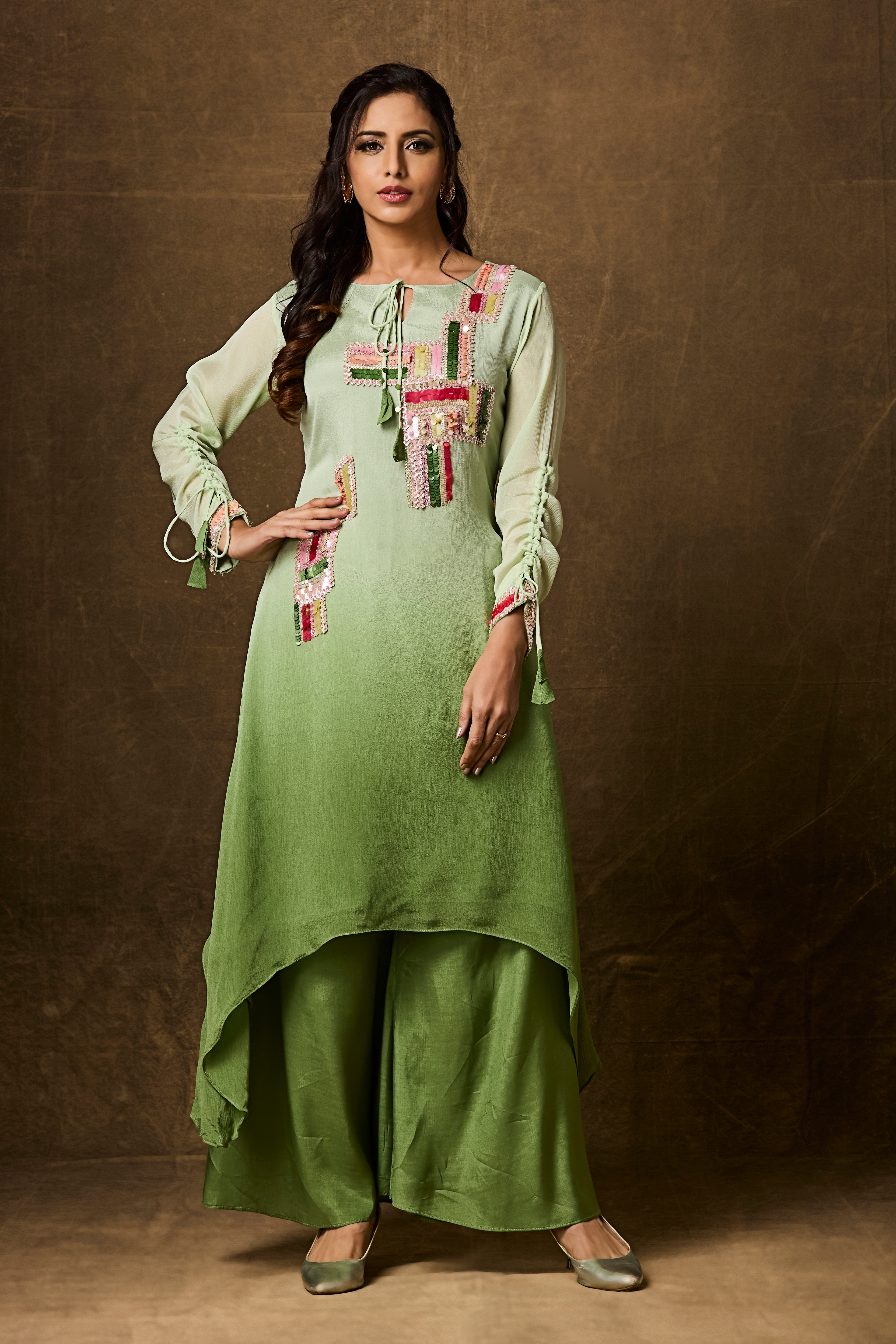 Lime Green Ombre Embellished Chinon Silk Kurta Set