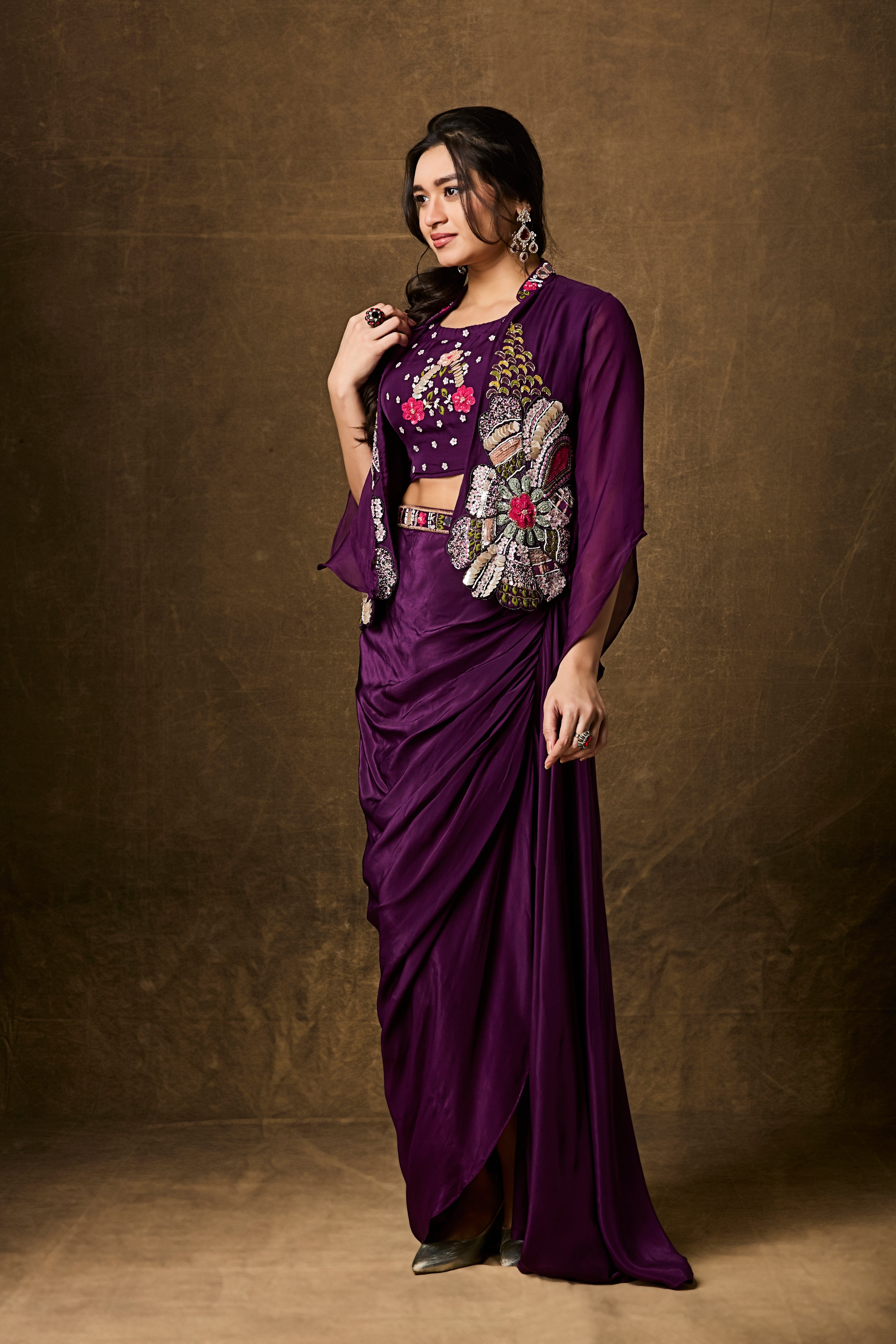 Royal Purple Embellished Crepe Silk Skirt Set